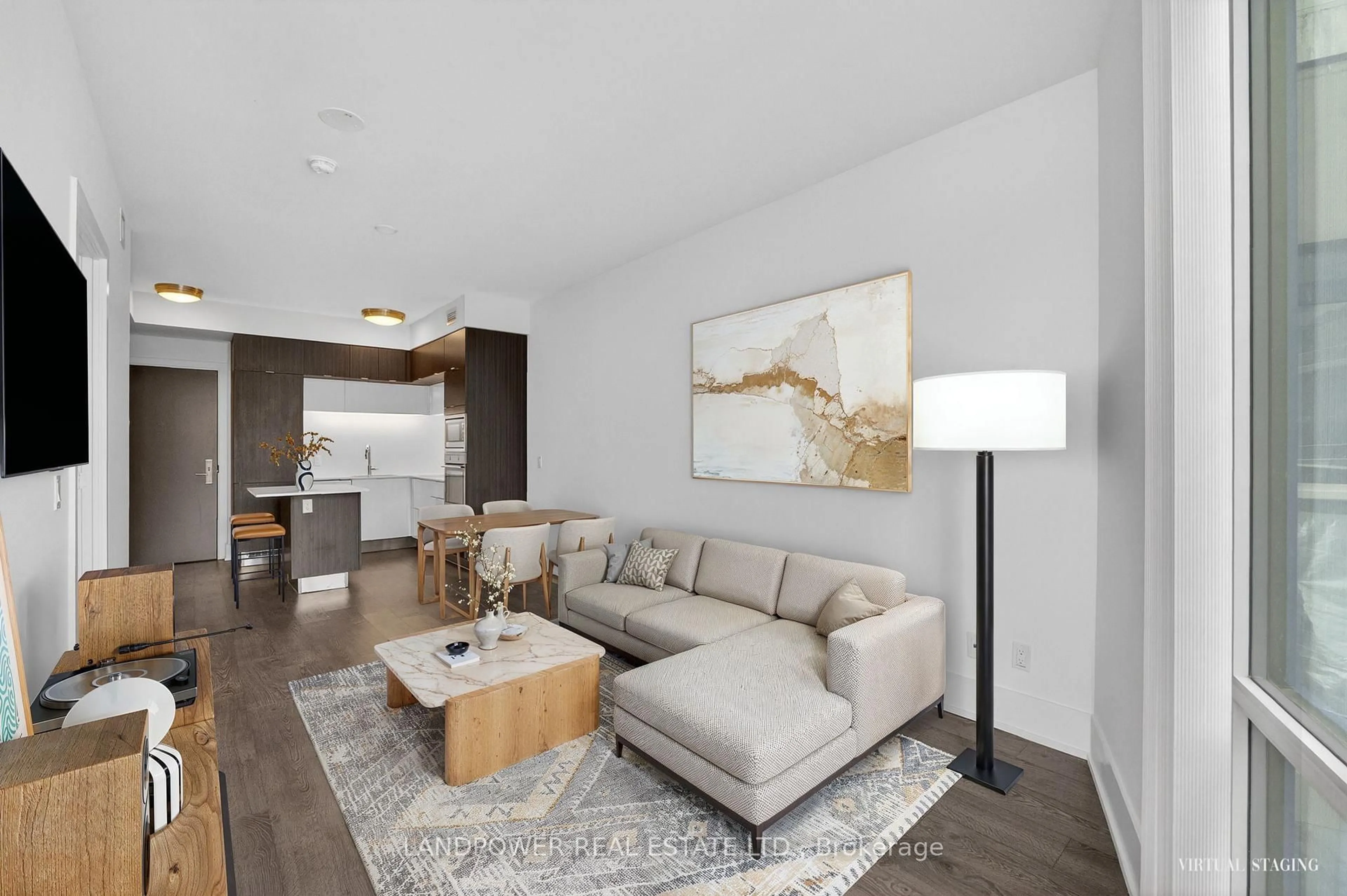 Living room with furniture, wood/laminate floor for 15 Merchants' Wharf #806, Toronto Ontario M5A 0N8