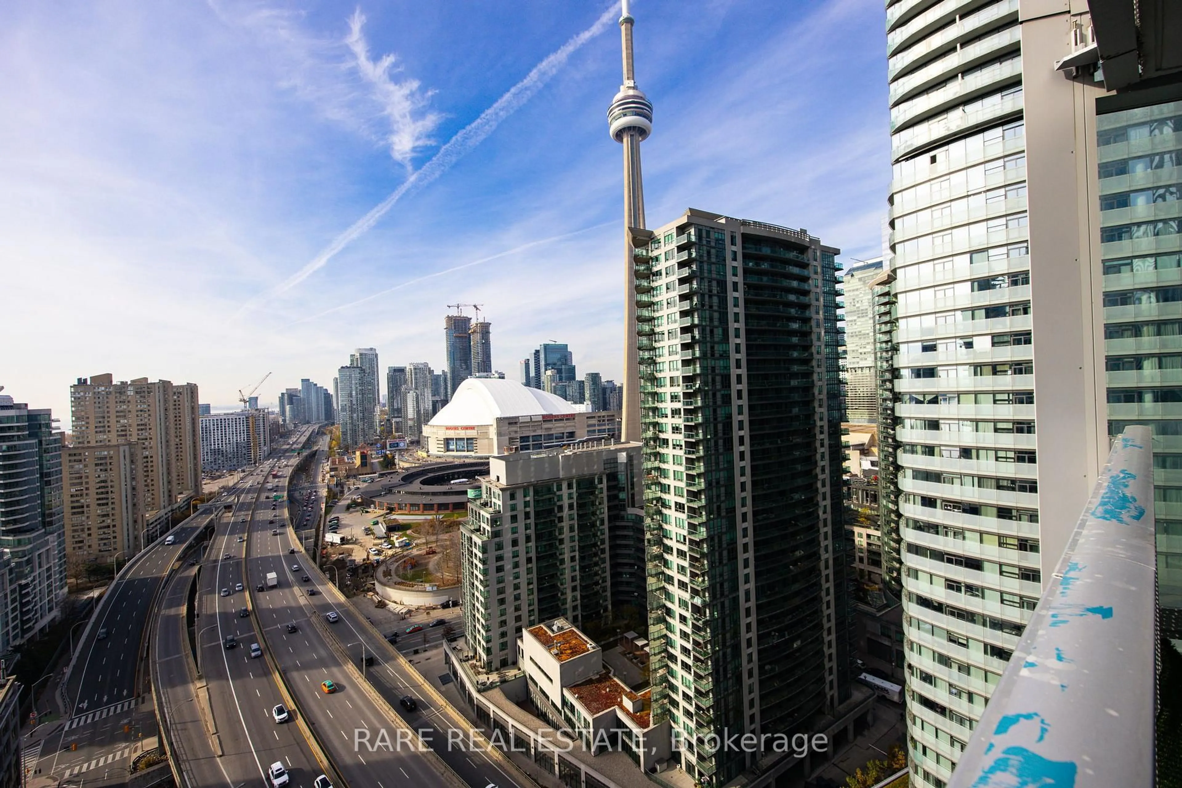 A pic from outside/outdoor area/front of a property/back of a property/a pic from drone, city buildings view from balcony for 10 York St #2510, Toronto Ontario M5J 0E1