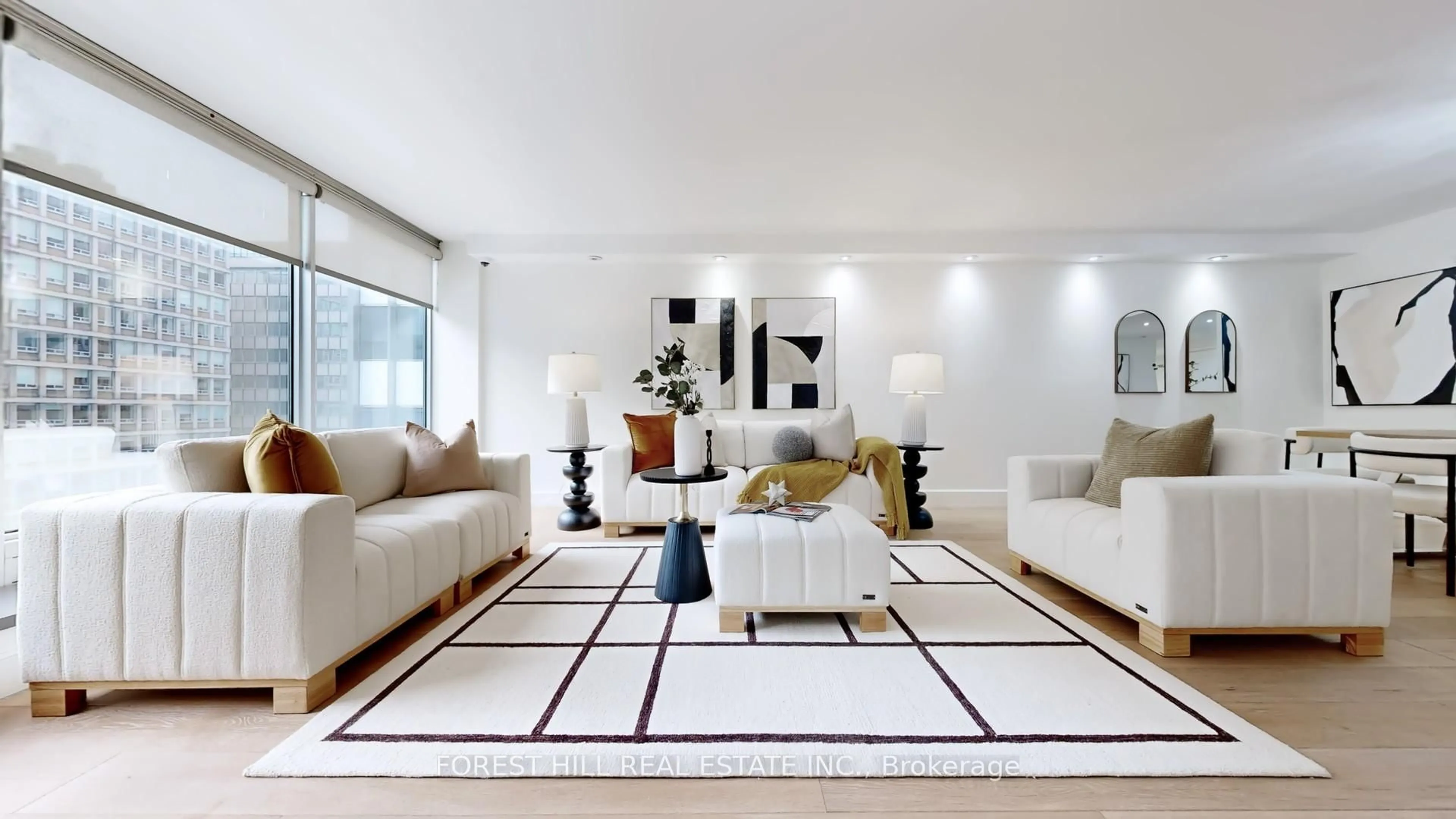 Living room with furniture, carpet floor for 110 Bloor St #710, Toronto Ontario M5S 2W7