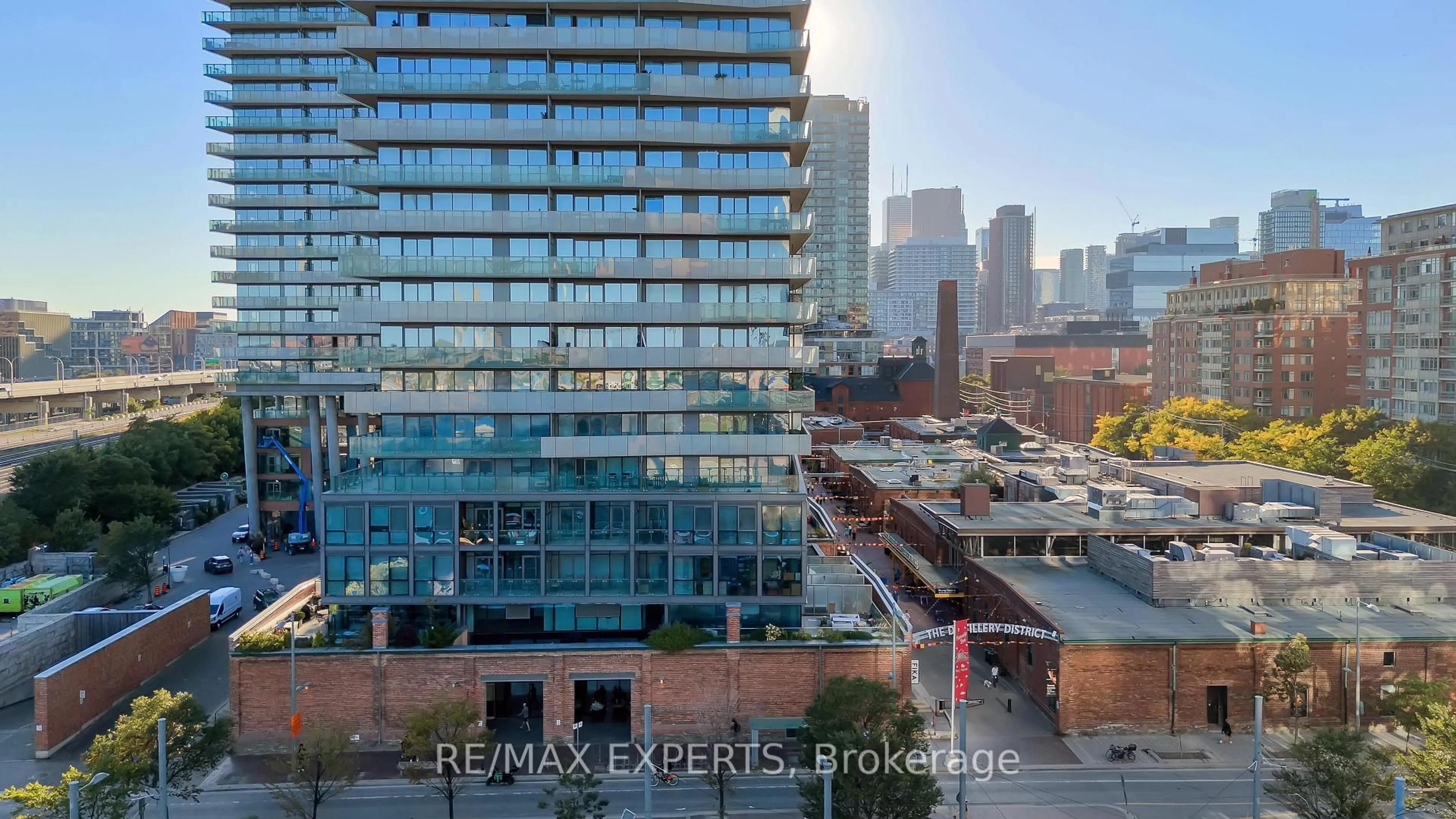 A pic from outside/outdoor area/front of a property/back of a property/a pic from drone, city buildings view from balcony for 390 Cherry St #302, Toronto Ontario M5A 3L7