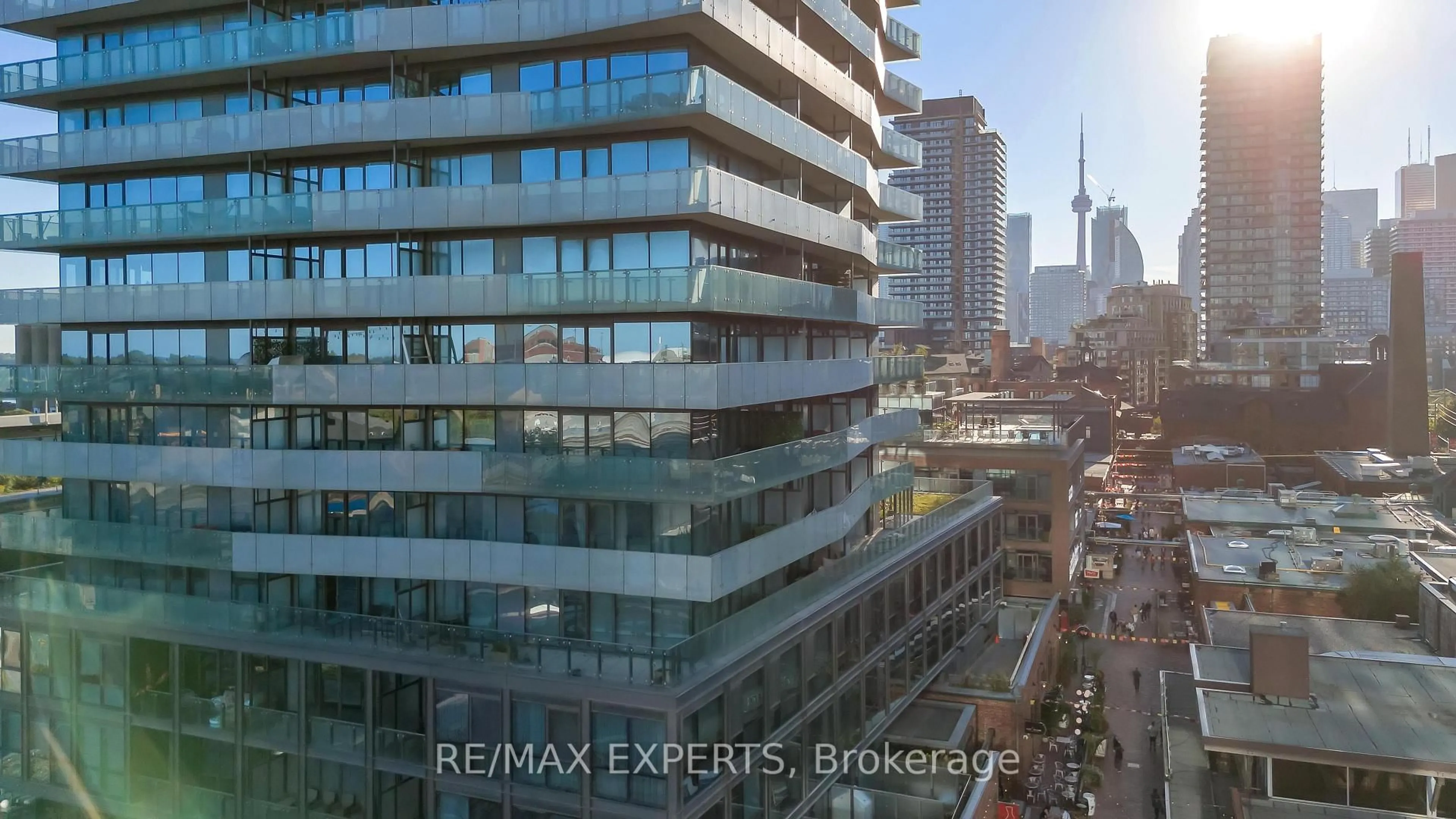 A pic from outside/outdoor area/front of a property/back of a property/a pic from drone, city buildings view from balcony for 390 Cherry St #302, Toronto Ontario M5A 3L7