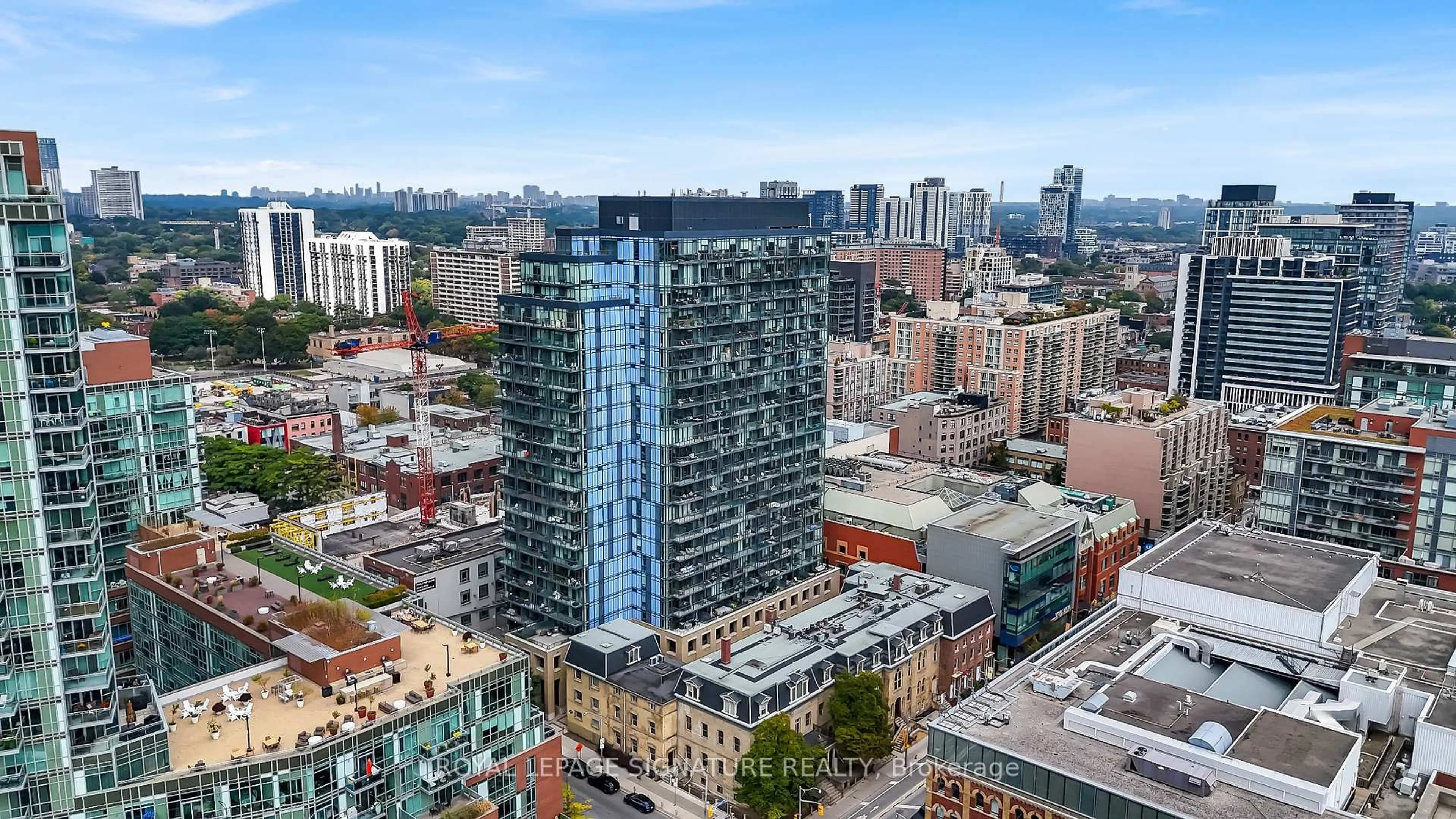 A pic from outside/outdoor area/front of a property/back of a property/a pic from drone, city buildings view from balcony for 105 George St #410, Toronto Ontario M5A 0L4