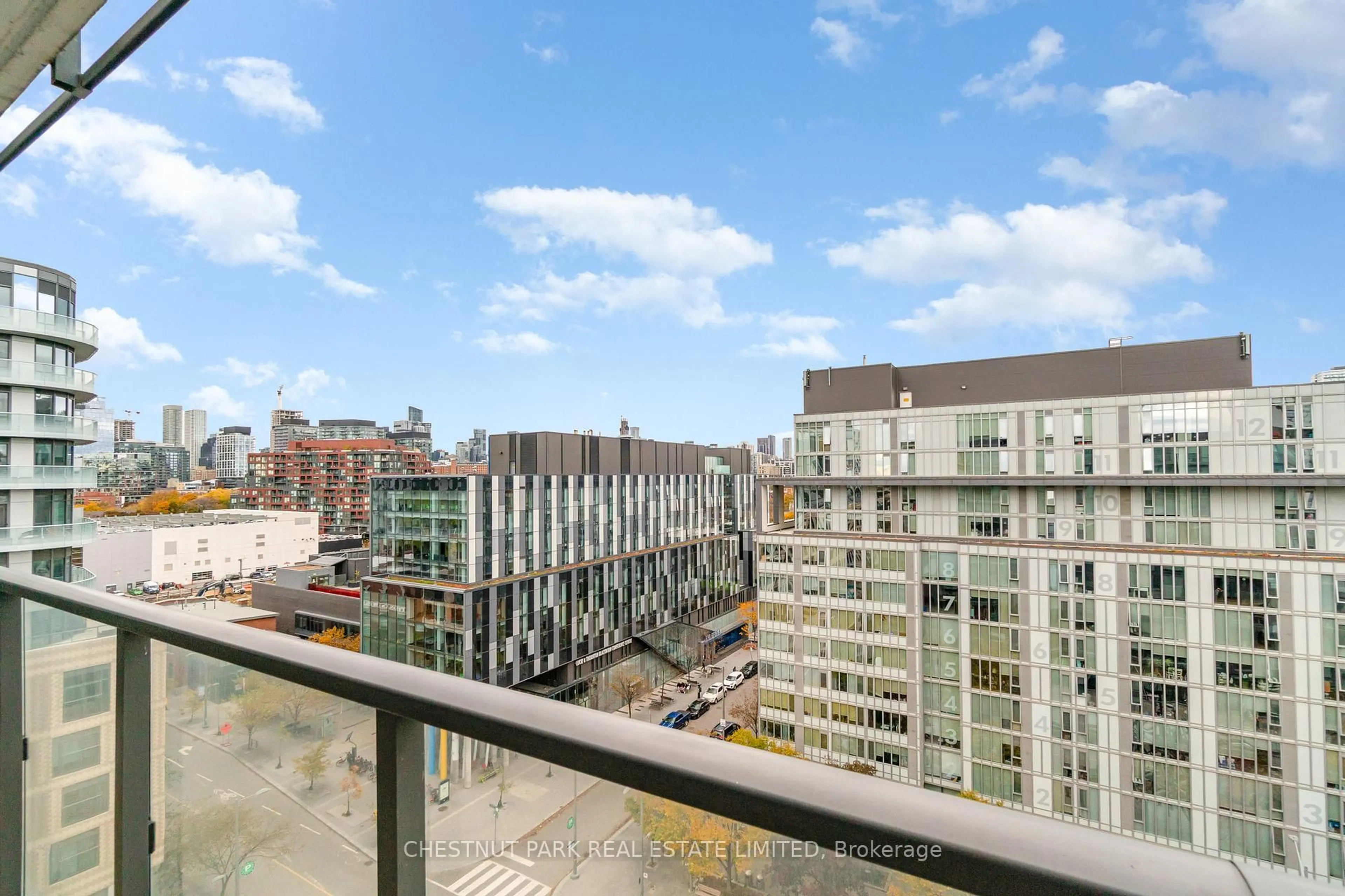 Balcony in the apartment, city buildings view from balcony for 455 Front St #N1003, Toronto Ontario M5A 0G2