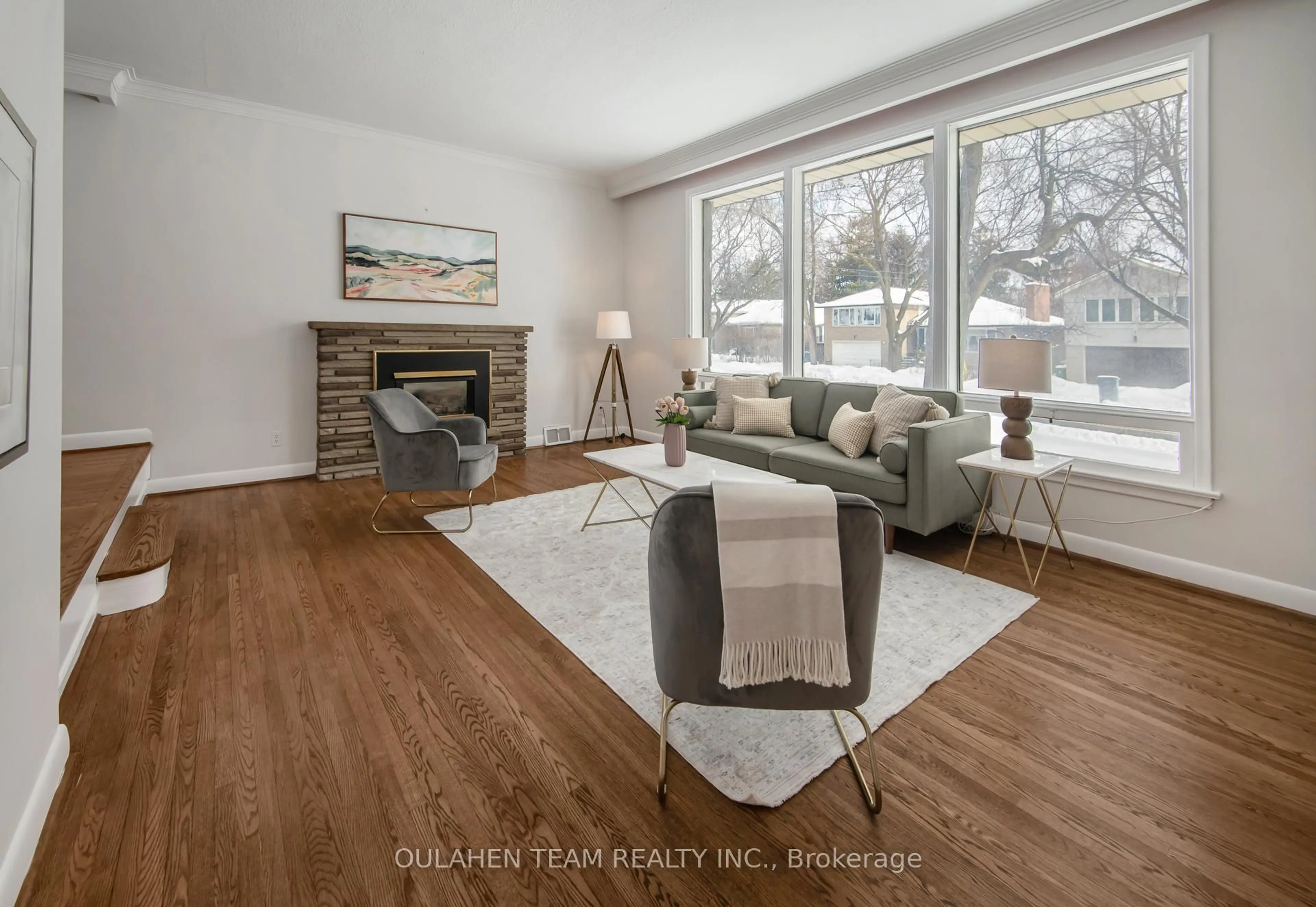 Living room with furniture, wood/laminate floor for 55 Foxwarren Dr, Toronto Ontario M2K 1L1