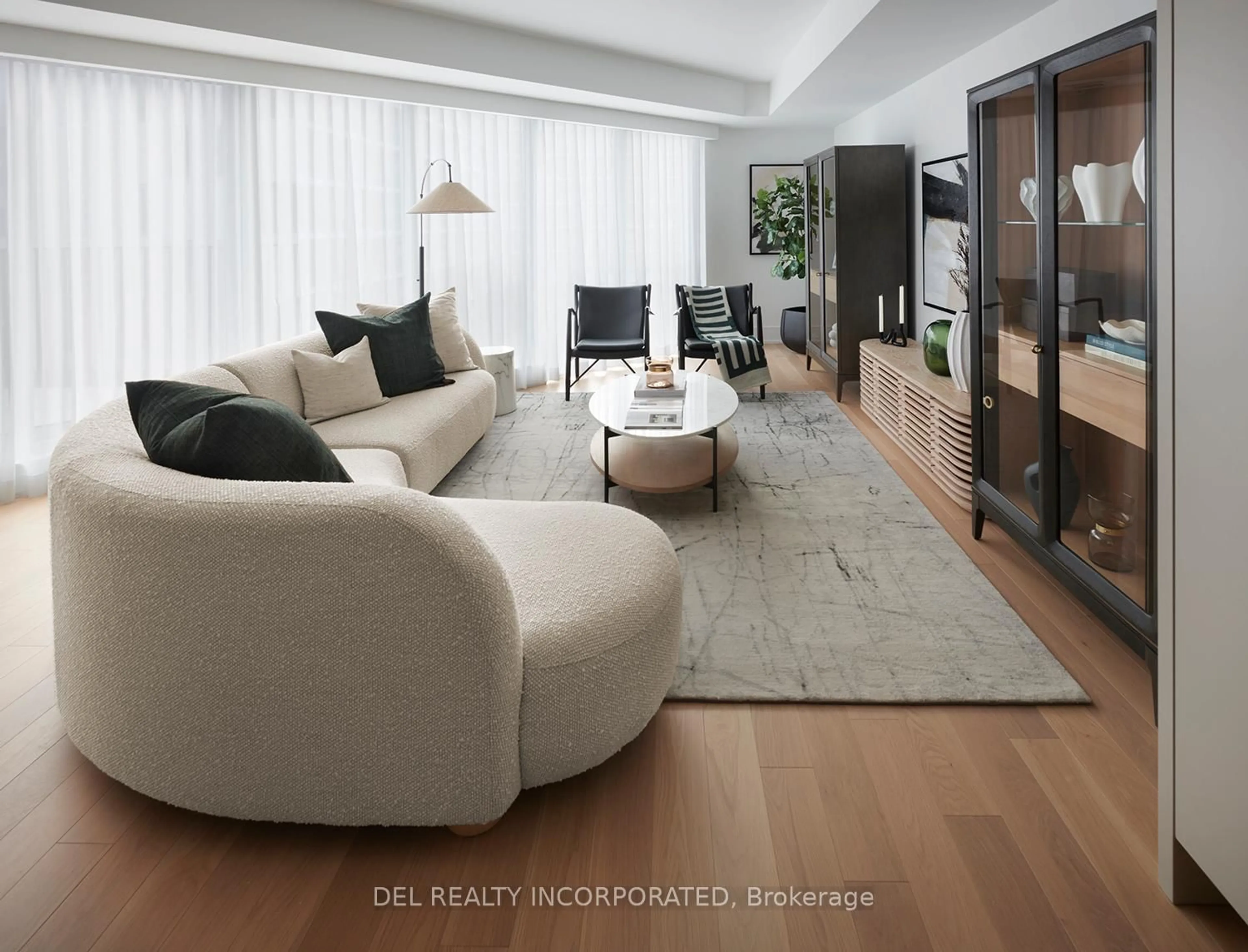 Living room with furniture, wood/laminate floor for 155 Merchants' Wharf #418, Toronto Ontario M5A 0Y4