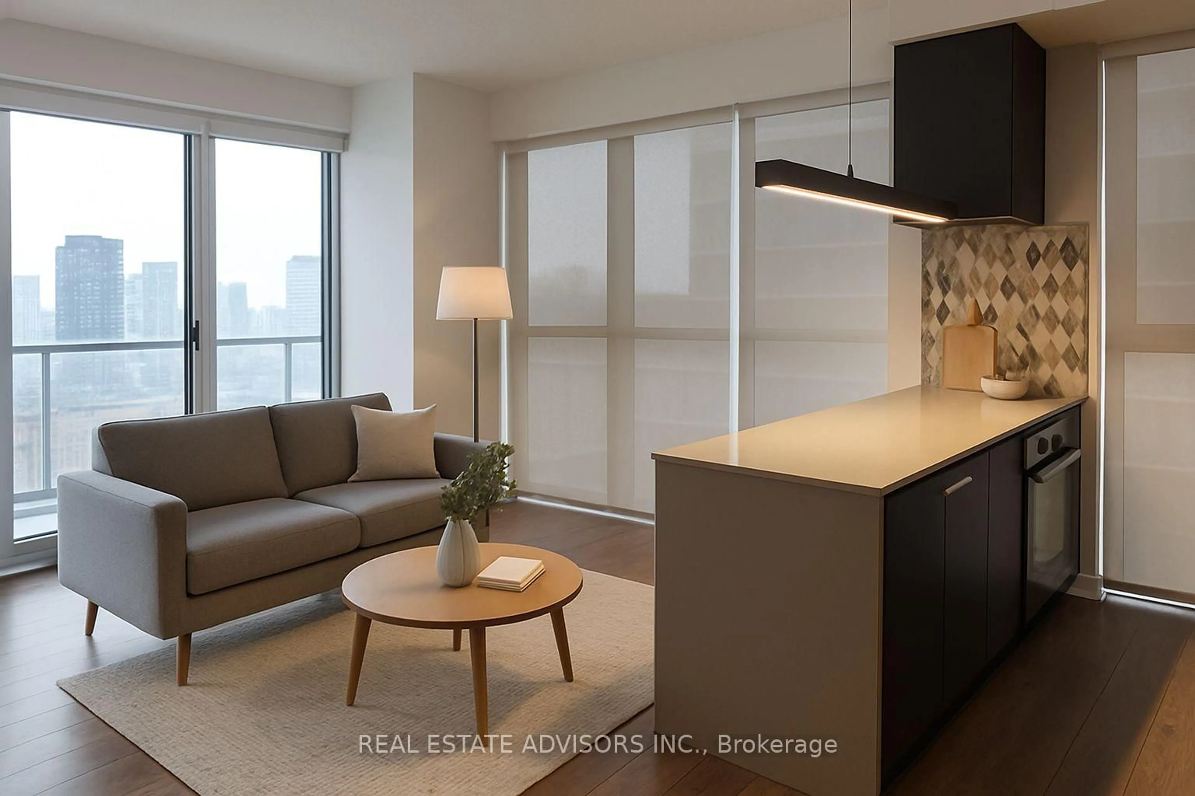 Living room with furniture, wood/laminate floor for 15 Lower Jarvis St #1812, Toronto Ontario M5E 0C4