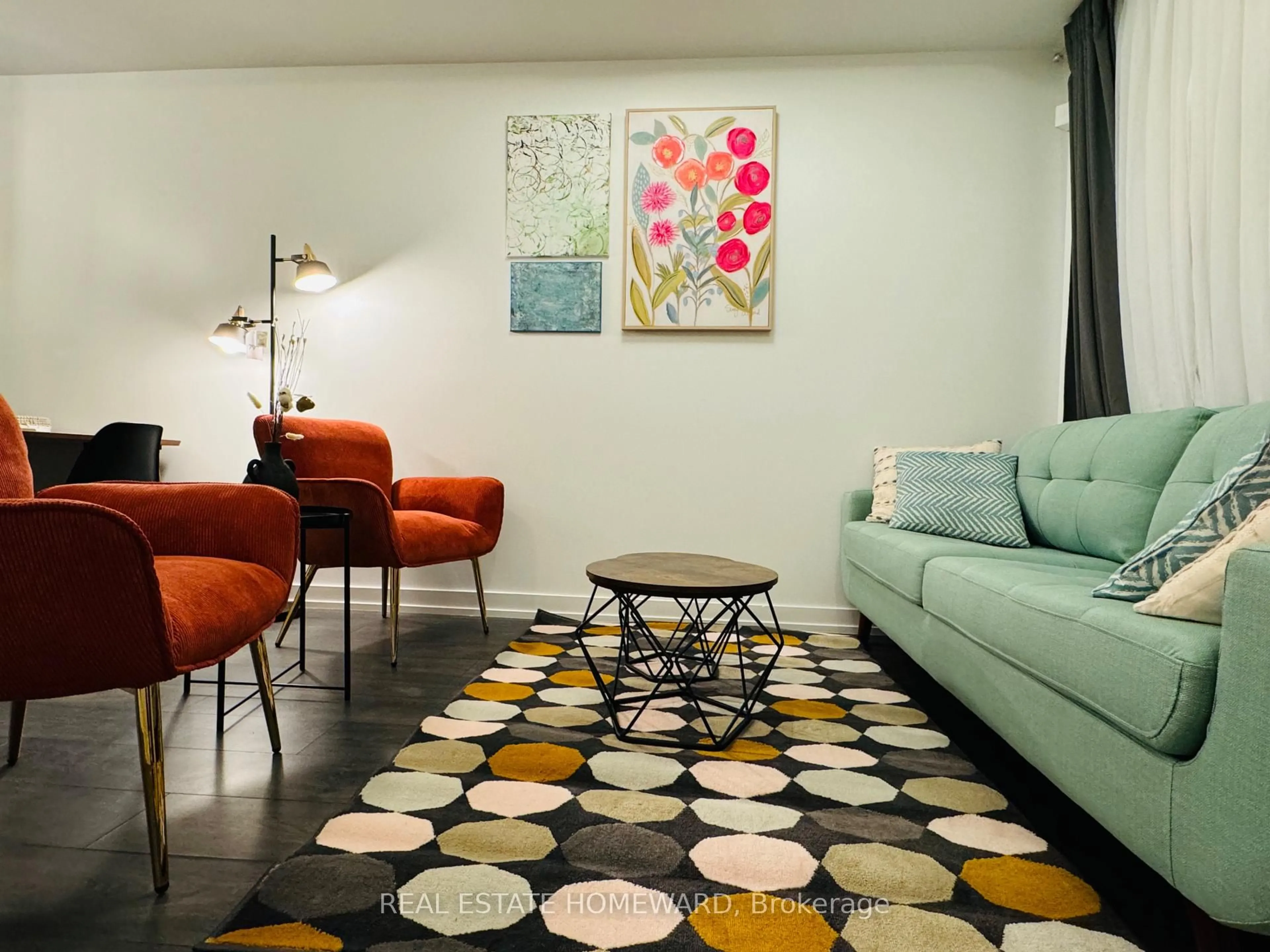 Living room with furniture, carpet floor for 17 St. Bartholomew St, Toronto Ontario M5A 0A3