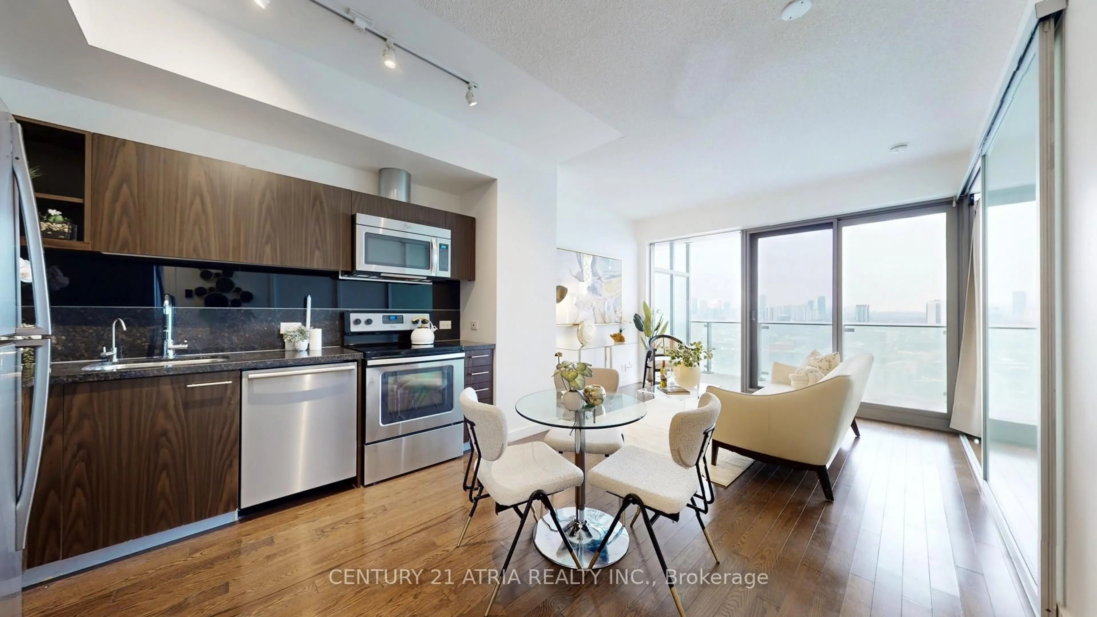 Open concept kitchen, wood/laminate floor for 390 Cherry St #2404, Toronto Ontario M3B 0A7