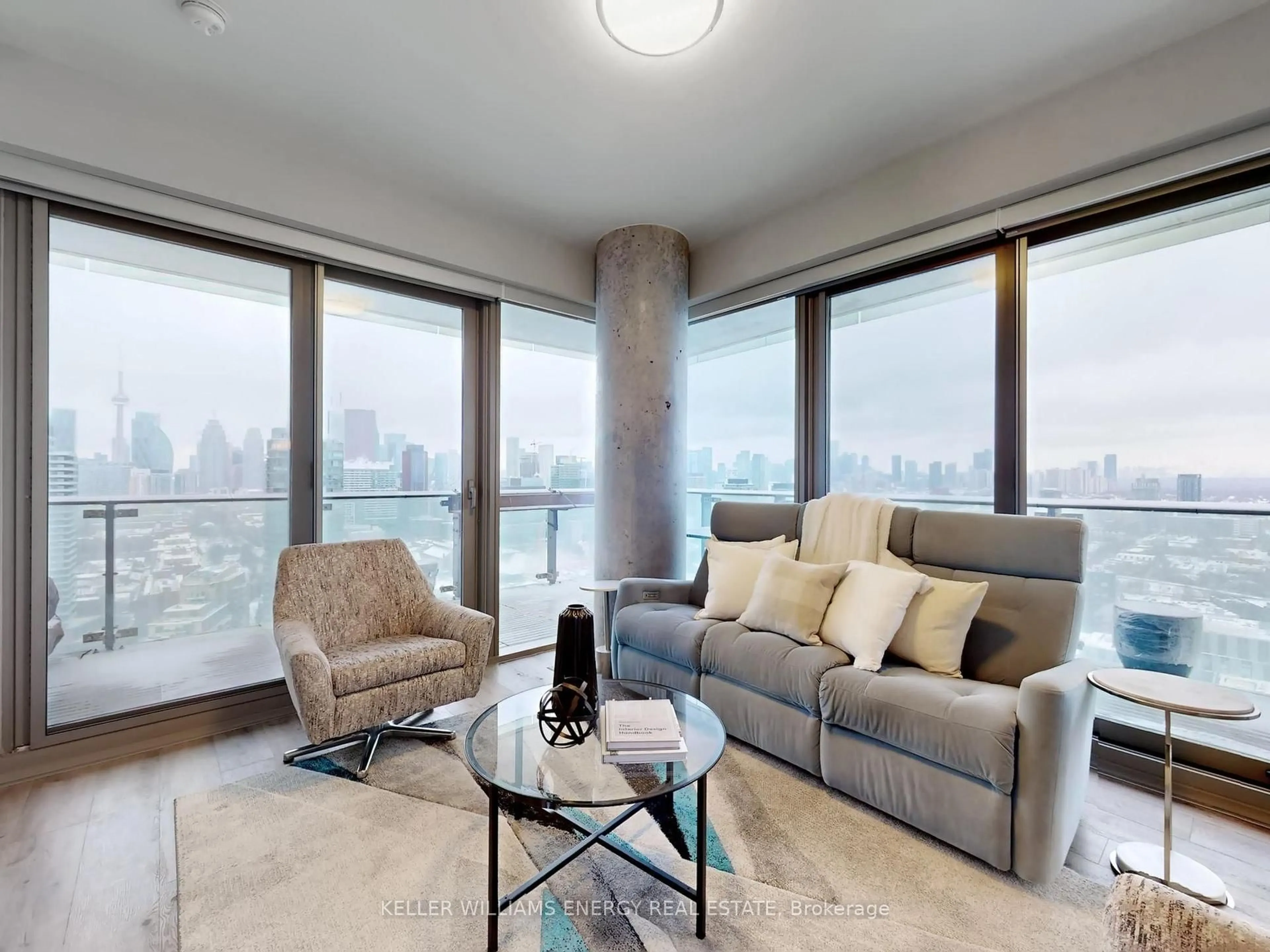 Living room with furniture, cement floor for 390 Cherry St #2902, Toronto Ontario M5A 0E2