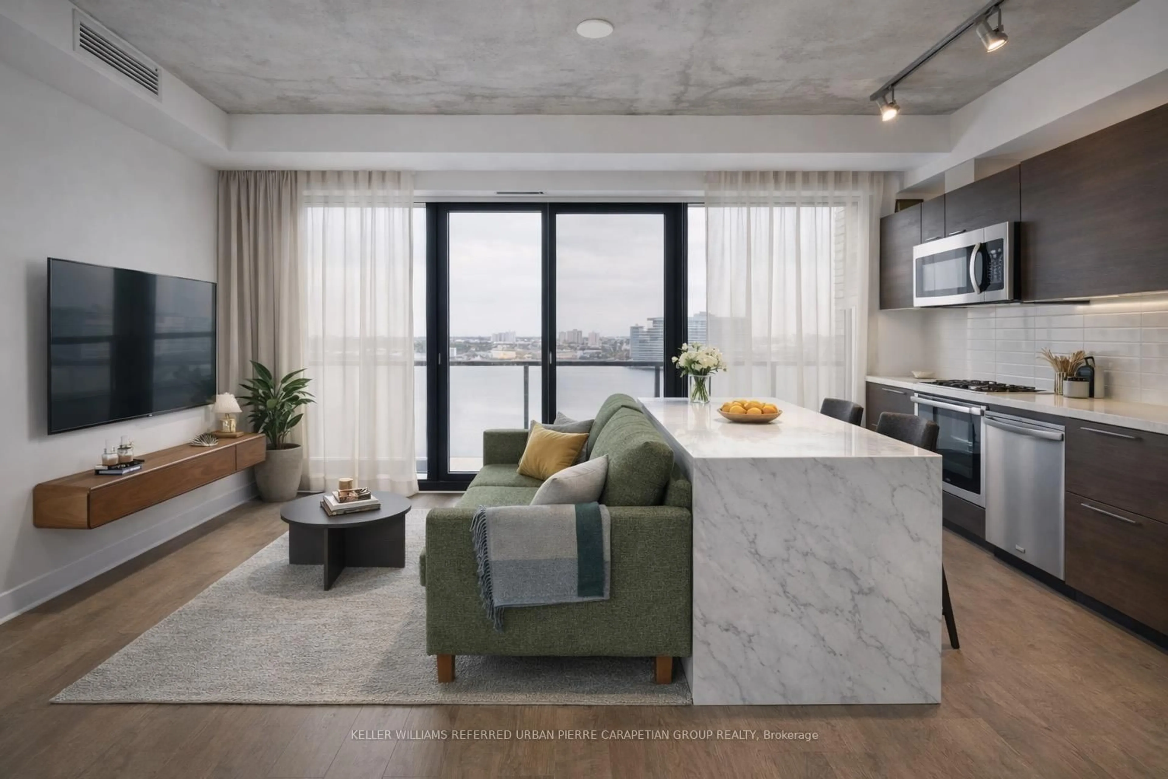 Open concept kitchen, cement floor for 11 Charlotte St #2004, Toronto Ontario M5V 0M6