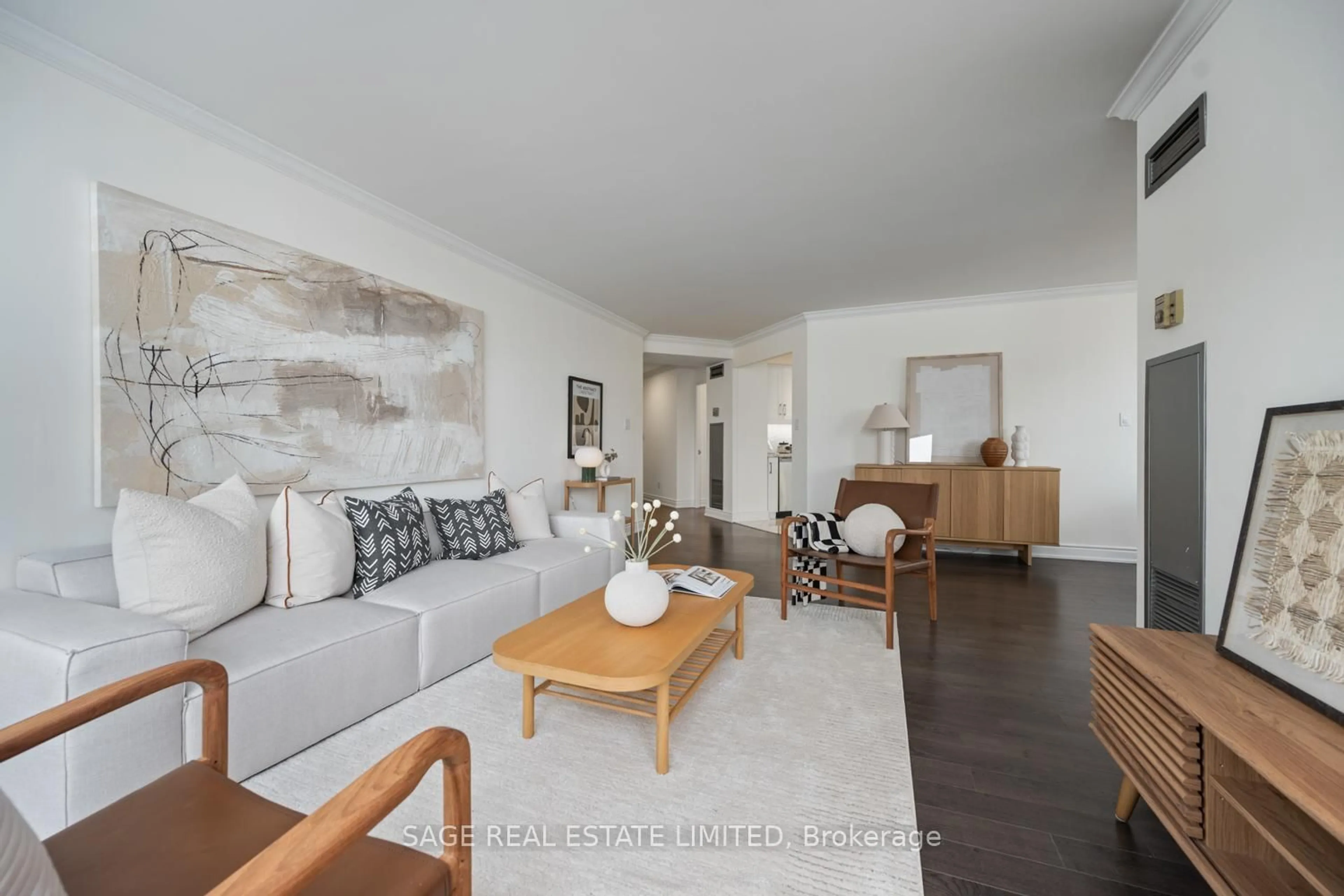 Living room with furniture, wood/laminate floor for 30 Greenfield Ave #304, Toronto Ontario M2N 6N3