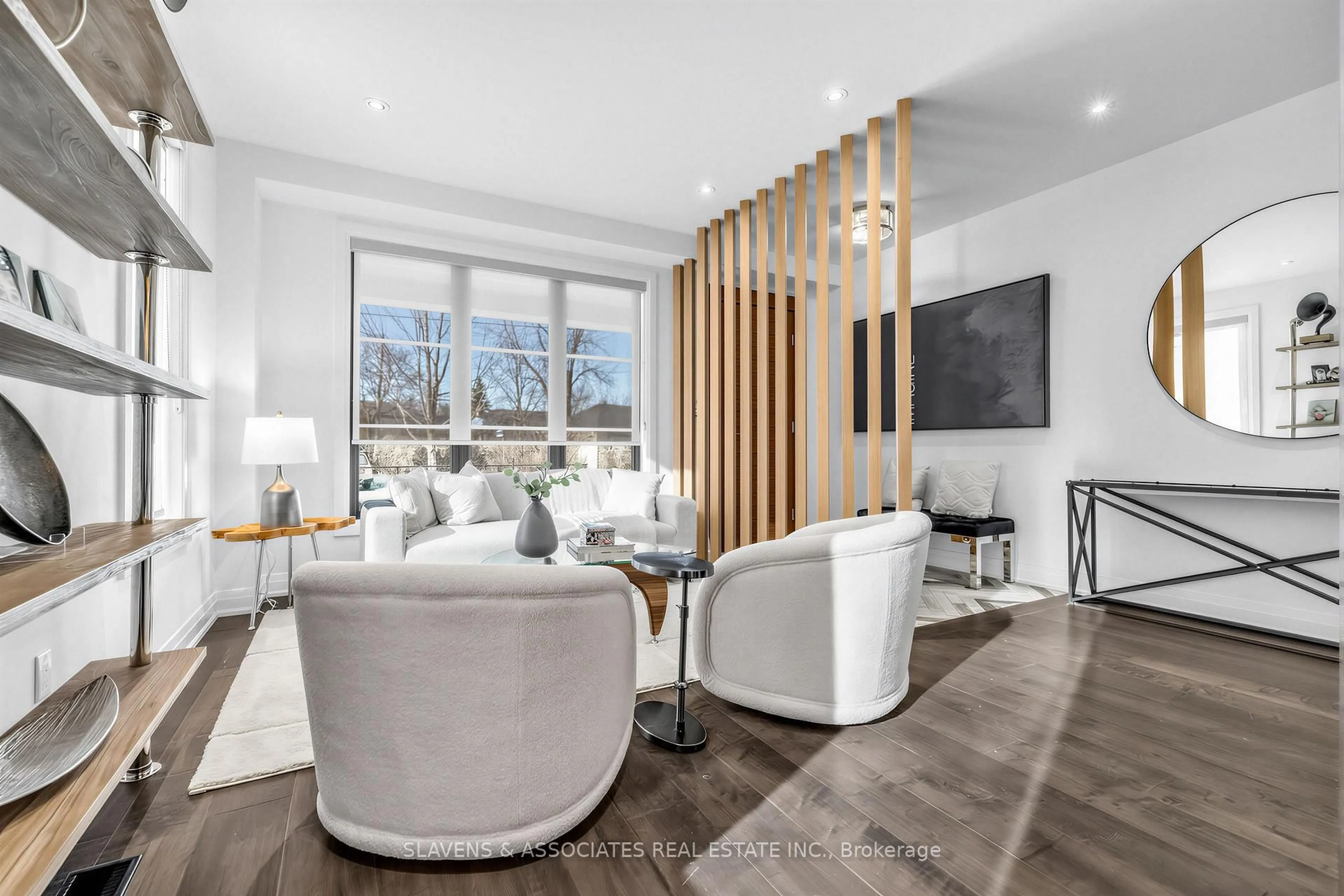 Living room with furniture, wood/laminate floor for 41 Invermay Ave, Toronto Ontario M3H 1Z1