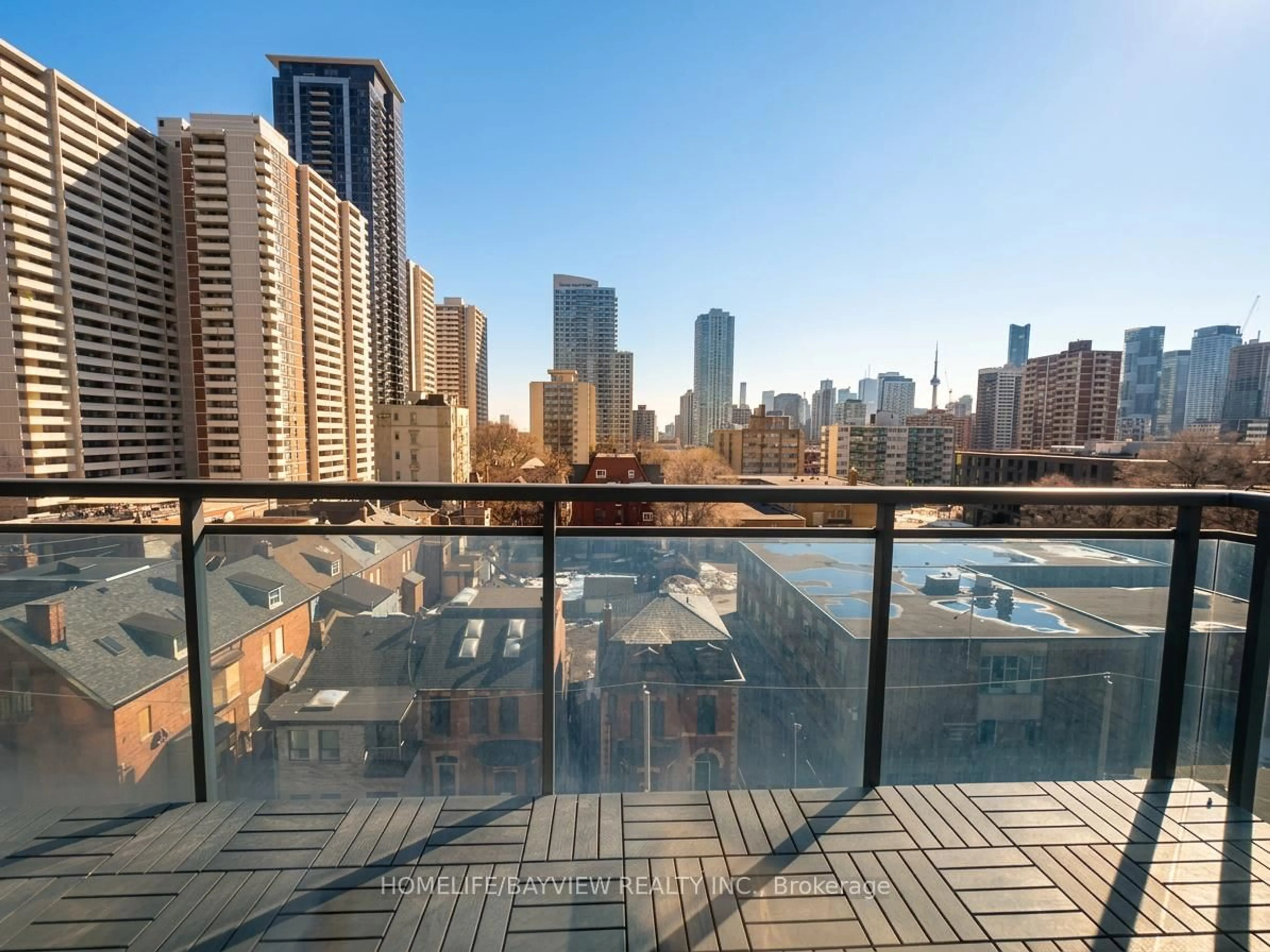 Balcony in the apartment, city buildings view from balcony for 28 Linden St #605, Toronto Ontario M4Y 0A4