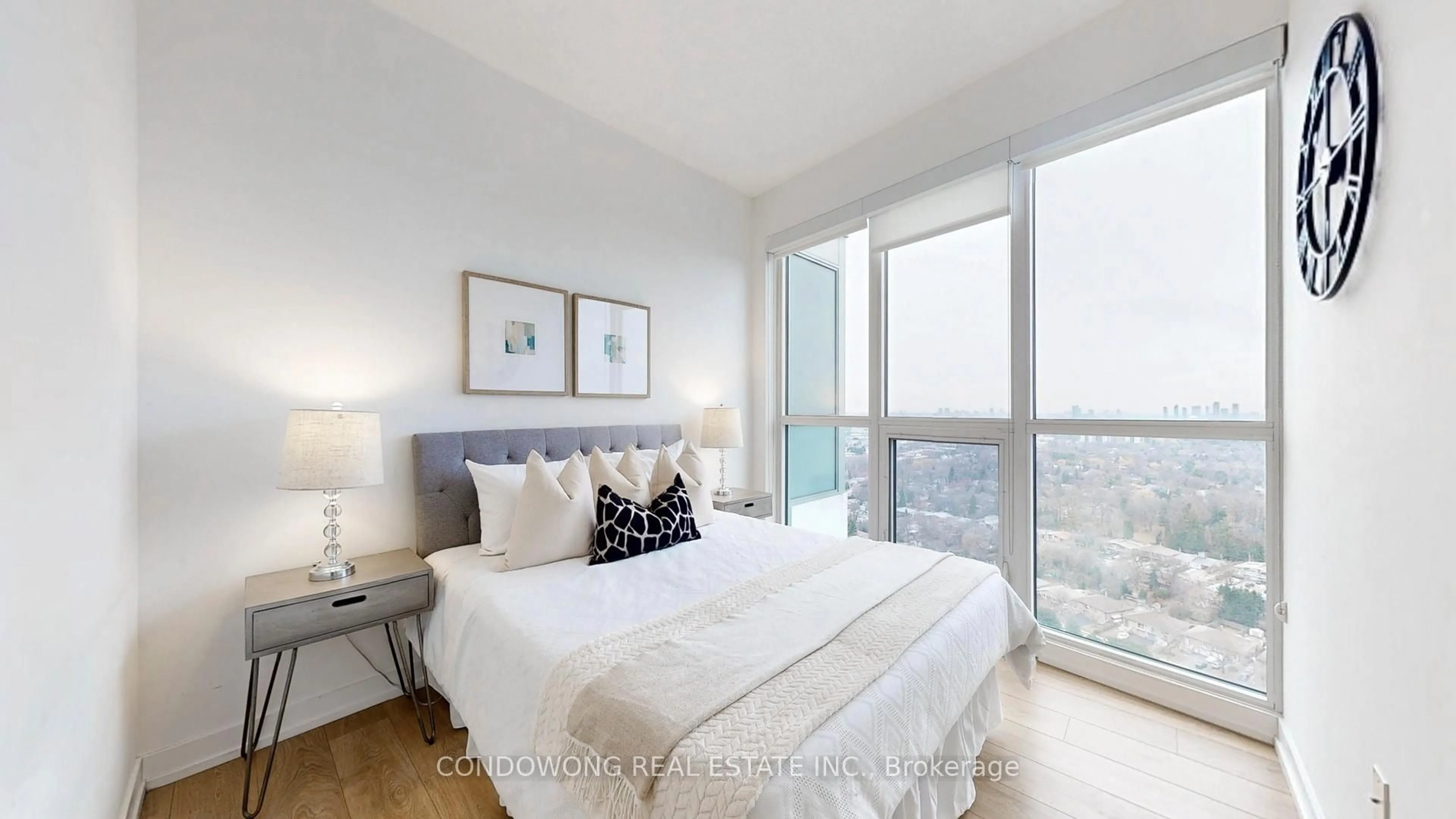 Bedroom with bed, wood/laminate floor for 117 McMahon Dr #3003, Toronto Ontario M2K 0E4