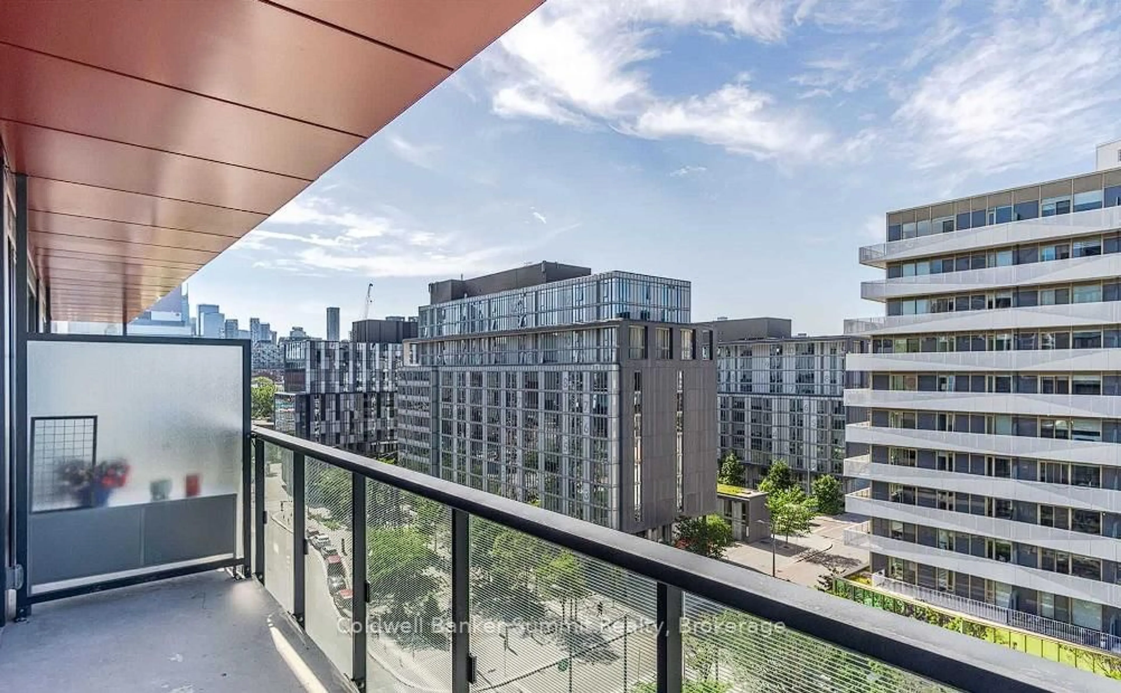 Balcony in the apartment, city buildings view from balcony for 35 Rolling Mills Rd #N805, Toronto Ontario M5A 0V6