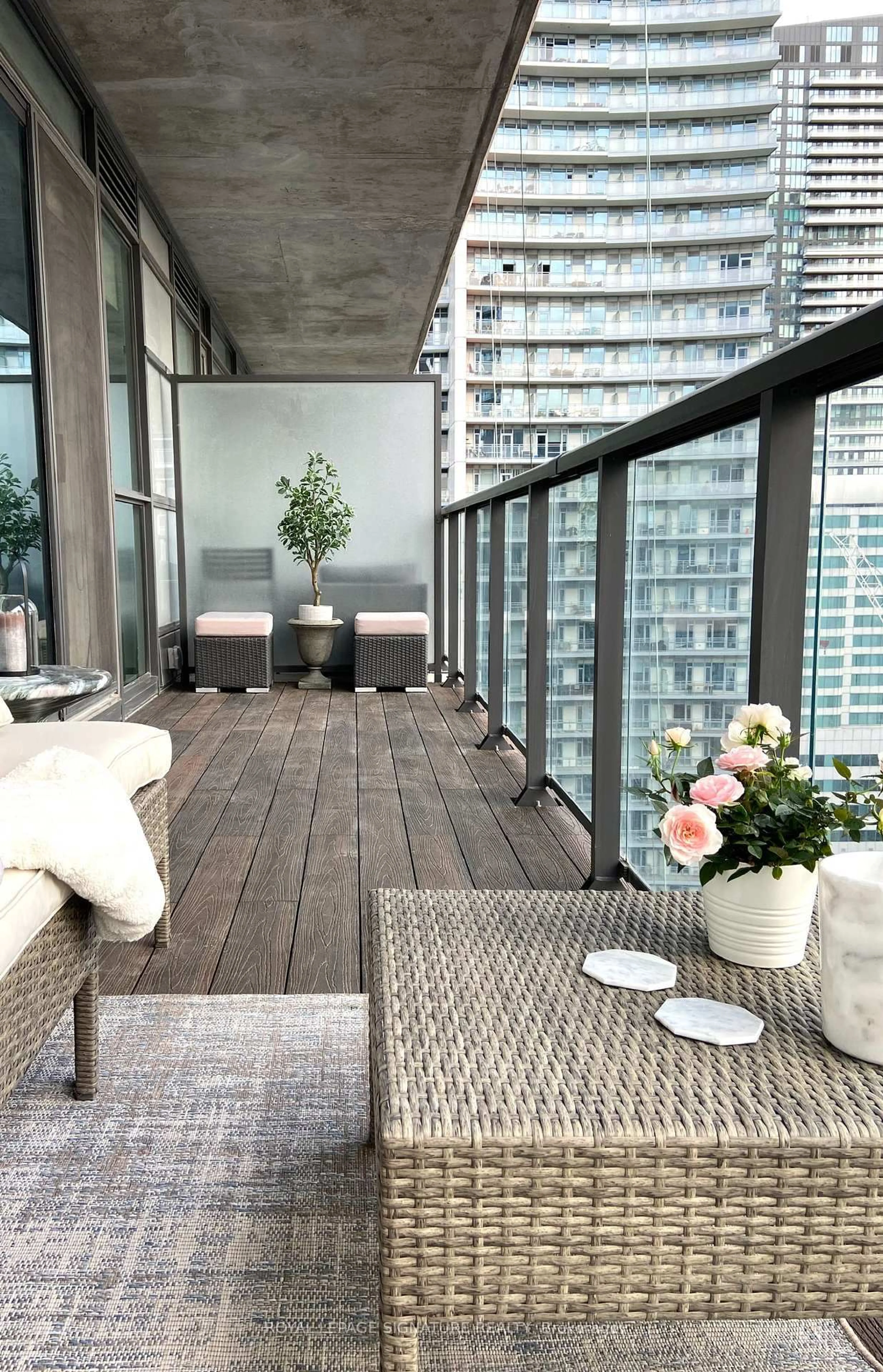 Balcony in the apartment, city buildings view from balcony for 290 Adelaide St #1902, Toronto Ontario M5V 0P3