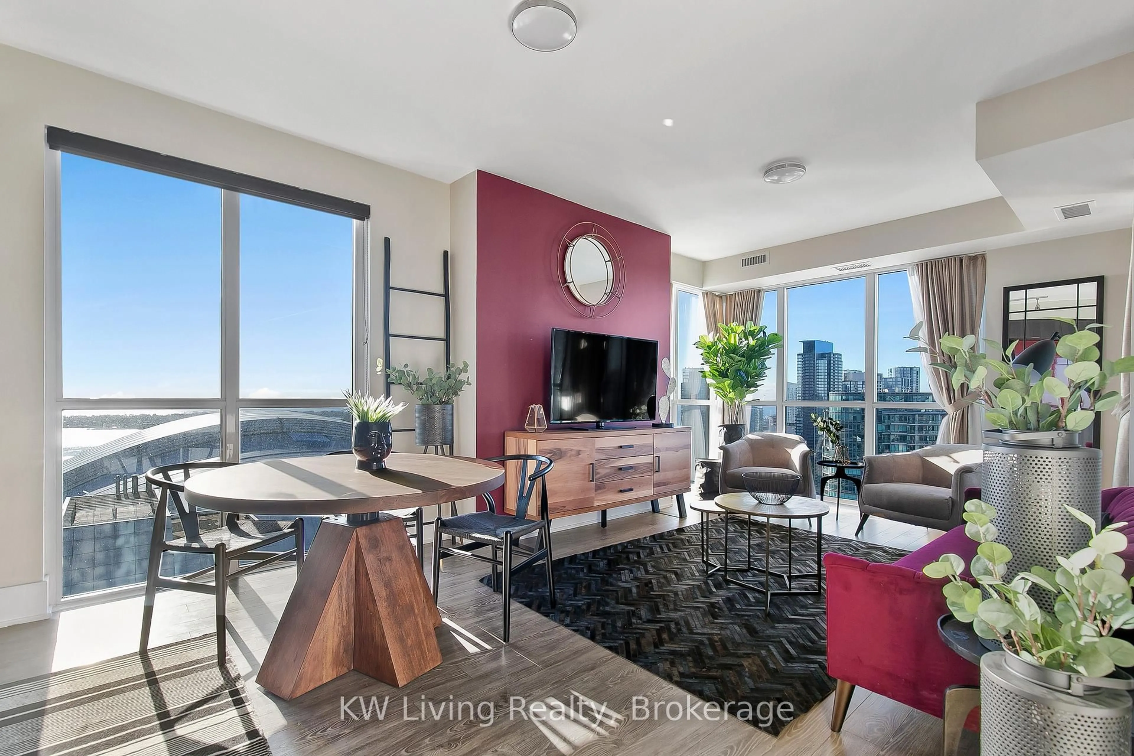 Living room with furniture, wood/laminate floor for 300 Front St #3012, Toronto Ontario M5V 0E9