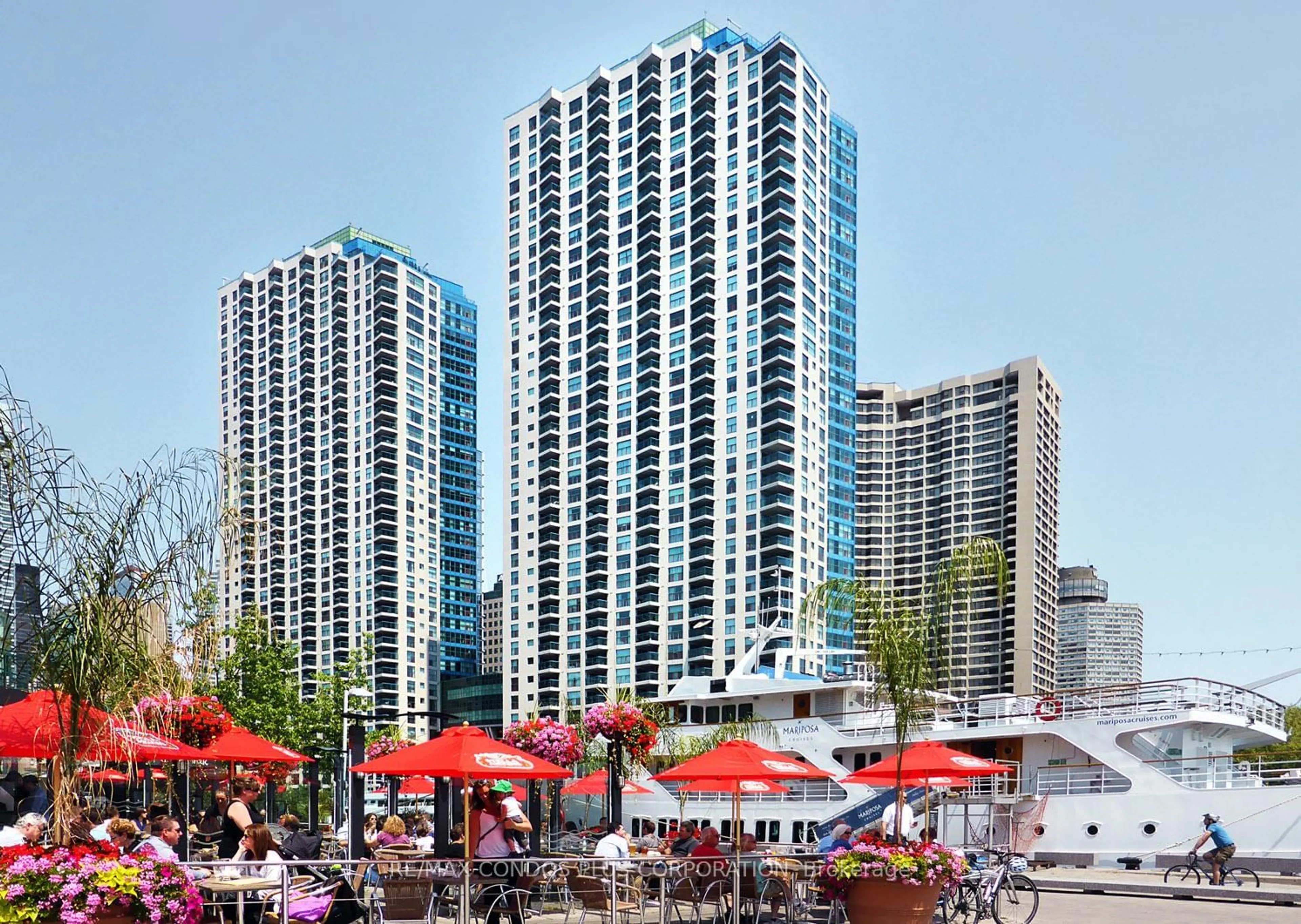Patio, city buildings view from balcony for 99 Harbour Sq #2702, Toronto Ontario M5J 2H2