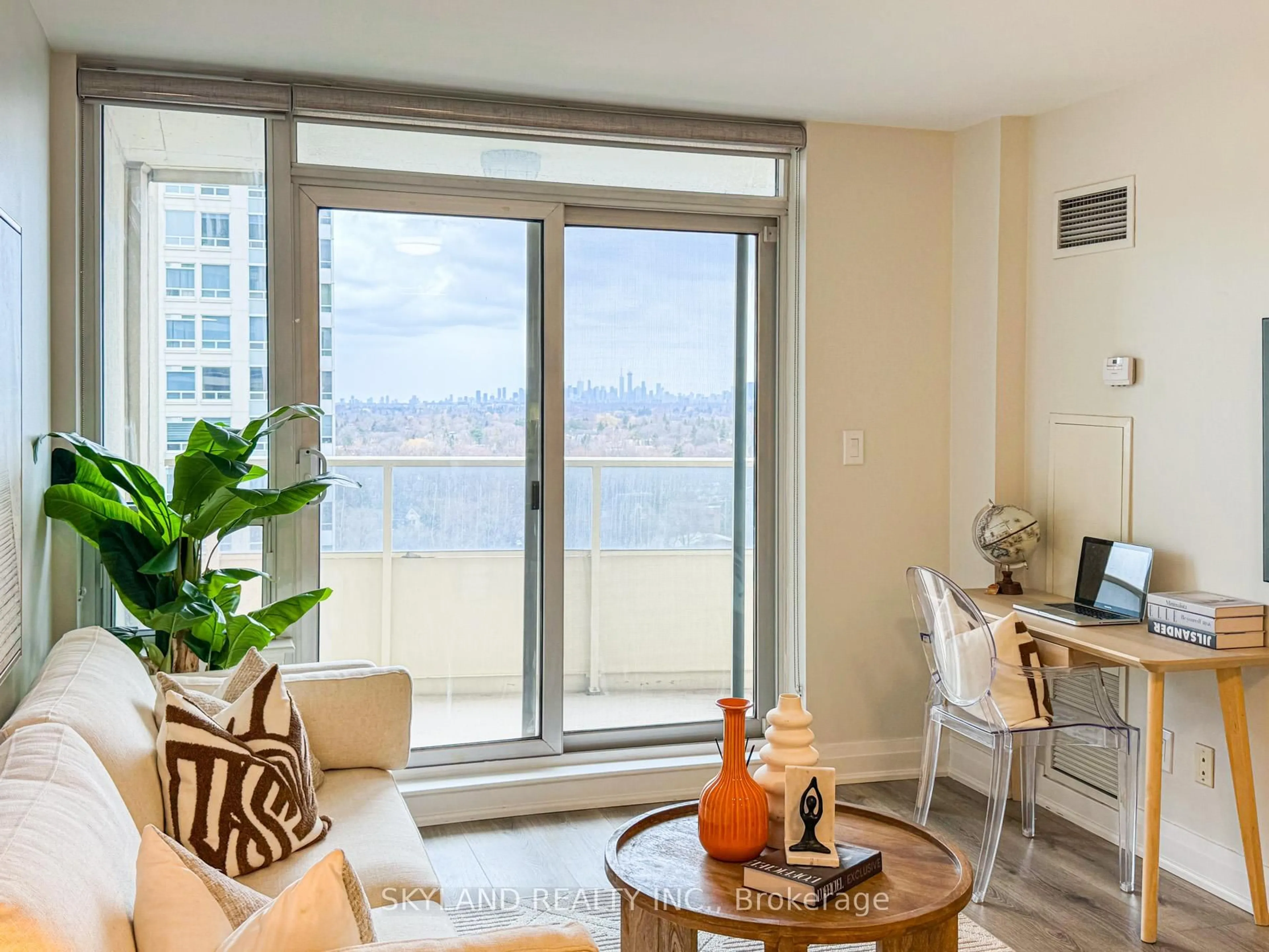 Living room with furniture, wood/laminate floor for 8 Rean Dr #1511, Toronto Ontario M2K 3B9