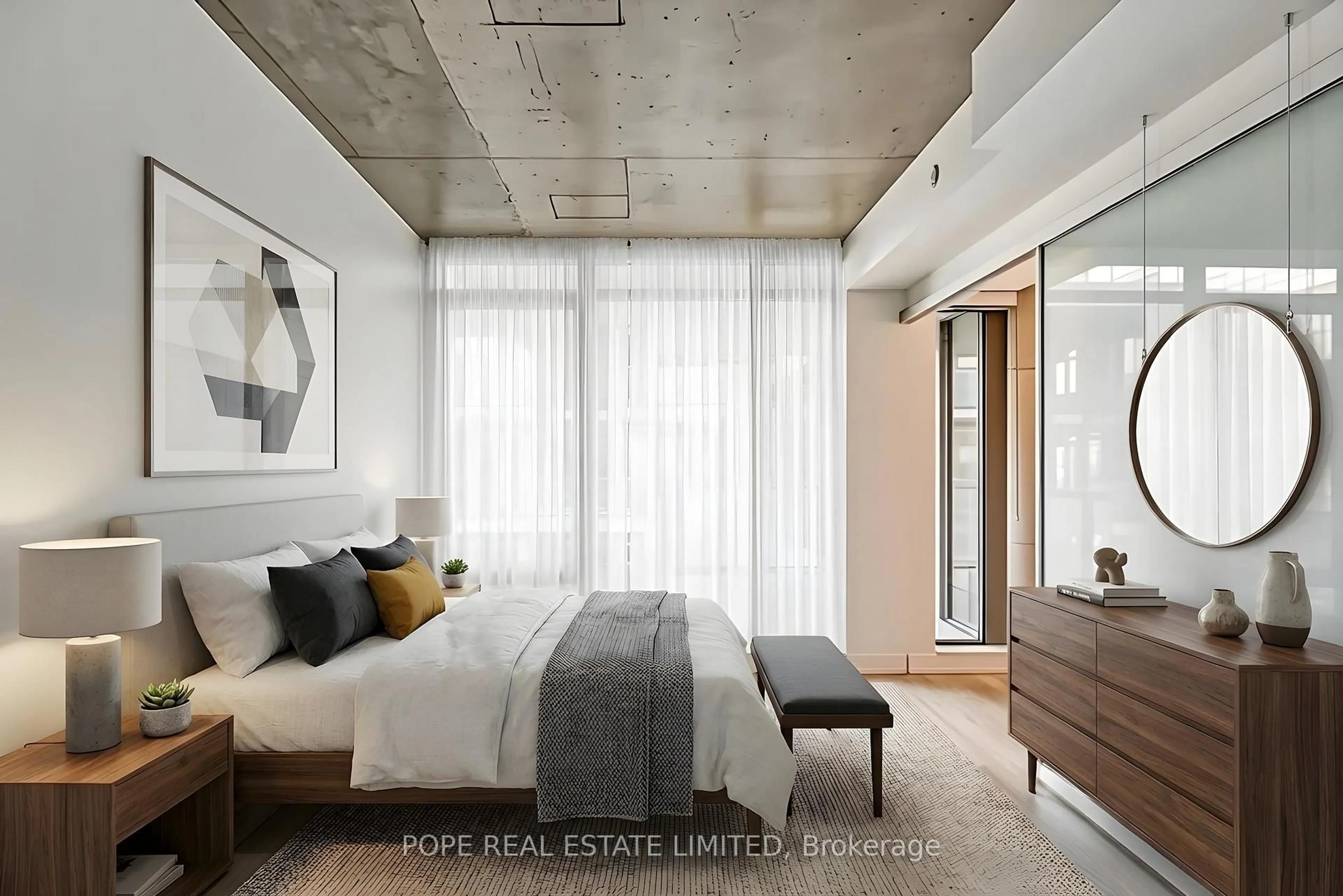 Bedroom with bed, cement floor for 560 King St #726, Toronto Ontario M5V 1M3