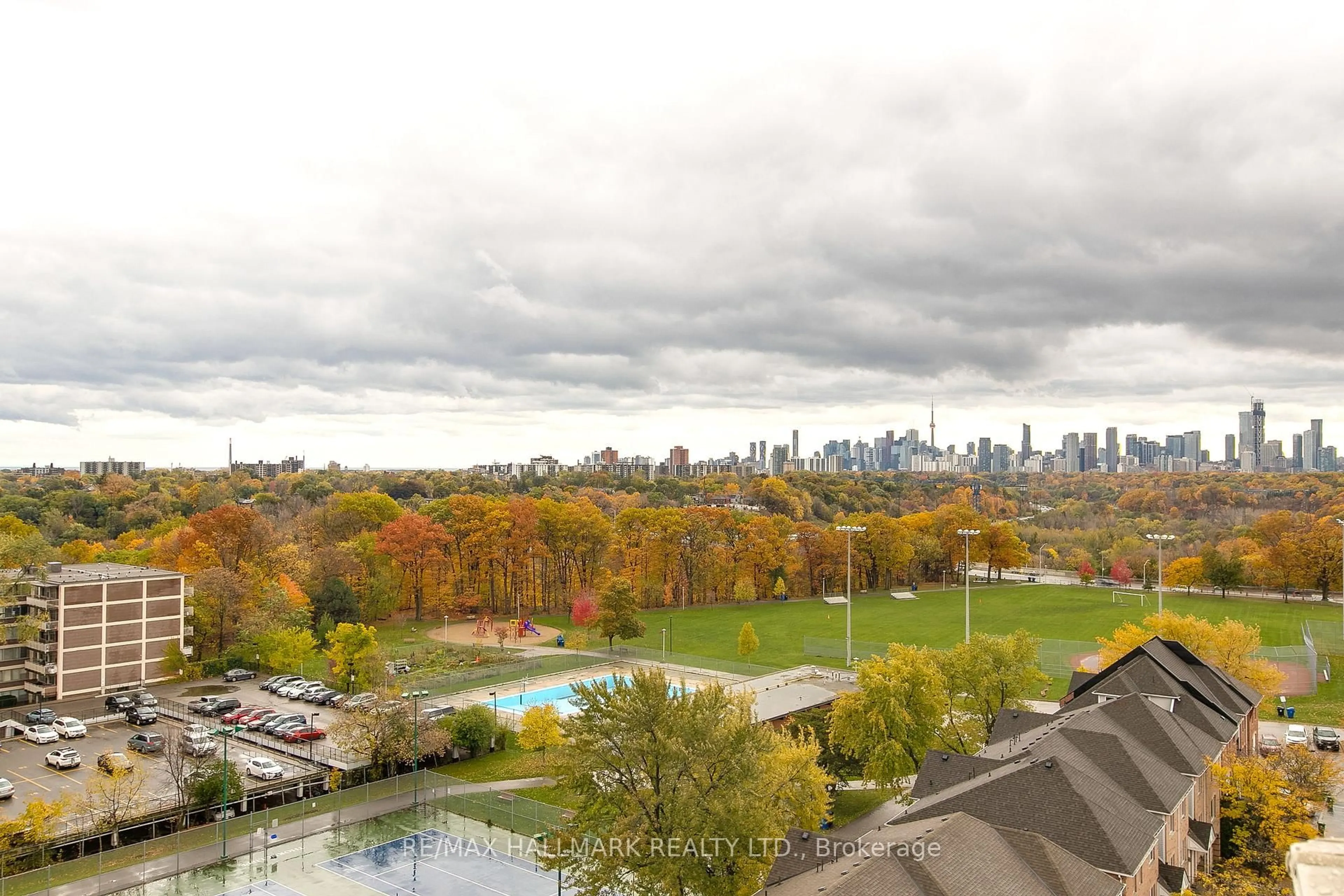 A pic from outside/outdoor area/front of a property/back of a property/a pic from drone, city buildings view from balcony for 21 Overlea Blvd #1103, Toronto Ontario M4H 1P2