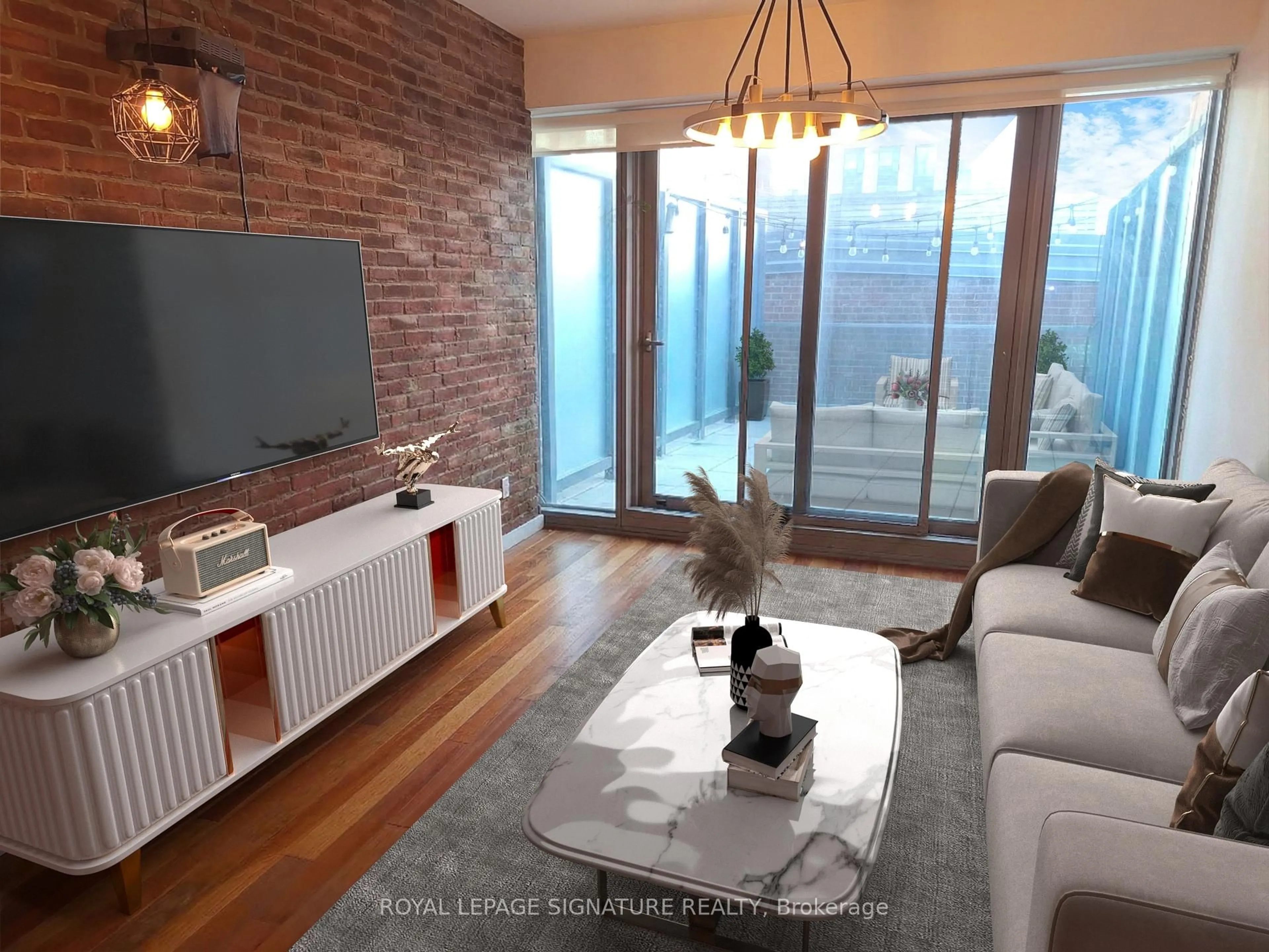 Living room with furniture, wood/laminate floor for 390 Cherry St #204, Toronto Ontario M5A 0E2