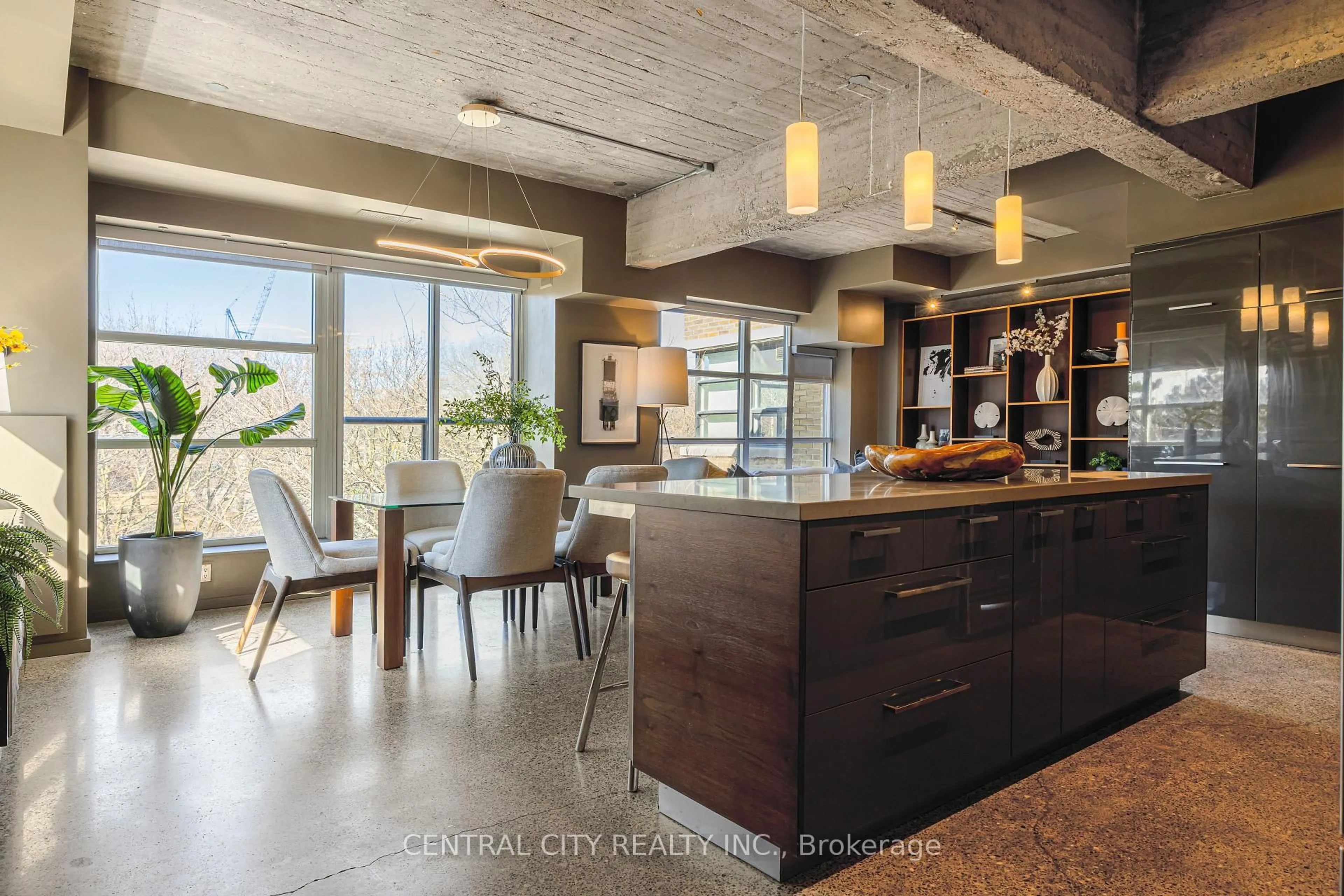 Open concept kitchen, cement floor for 833 King St #303, Toronto Ontario M5V 1N9