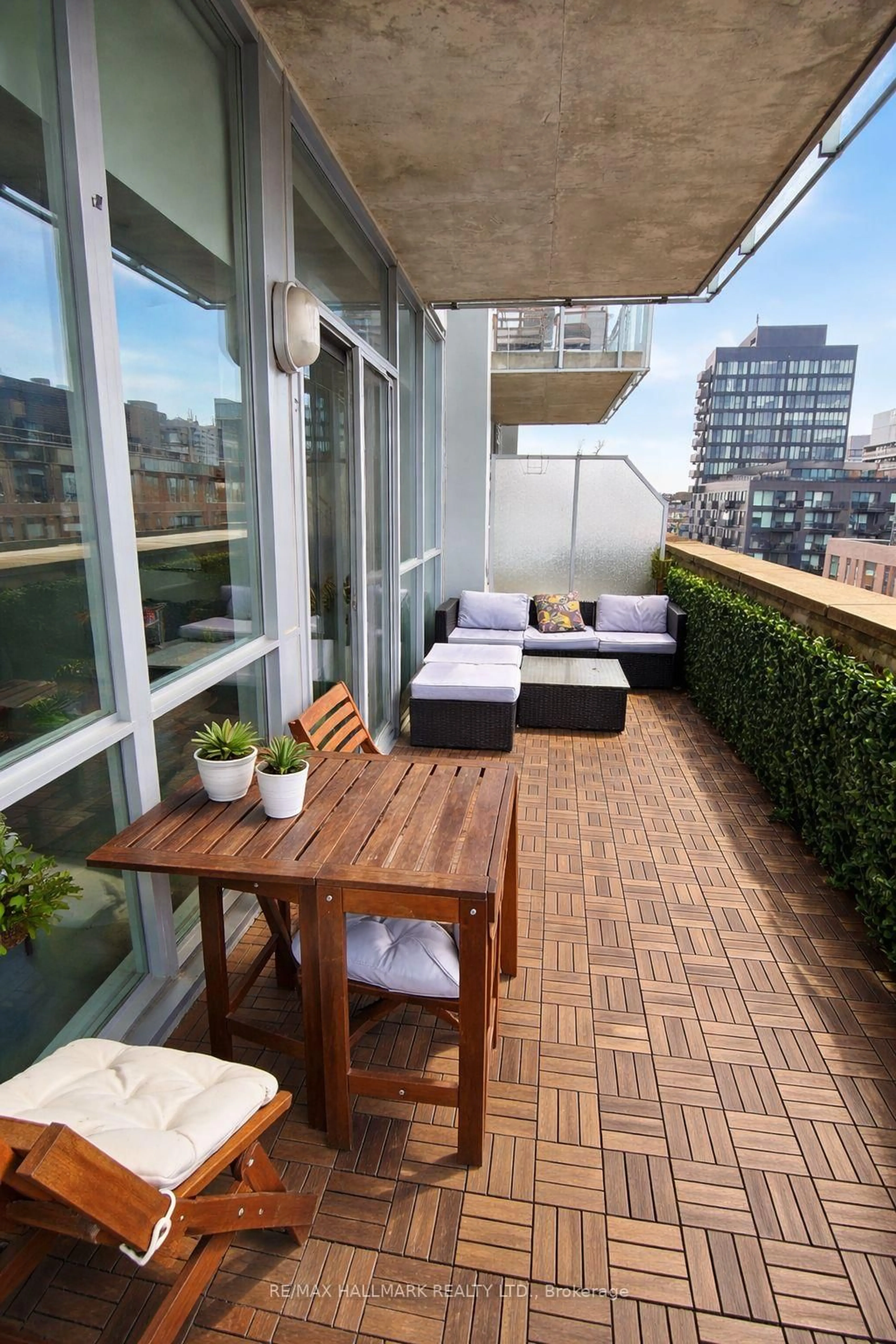 Balcony in the apartment, city buildings view from balcony for 510 King St #719, Toronto Ontario M5A 1M1