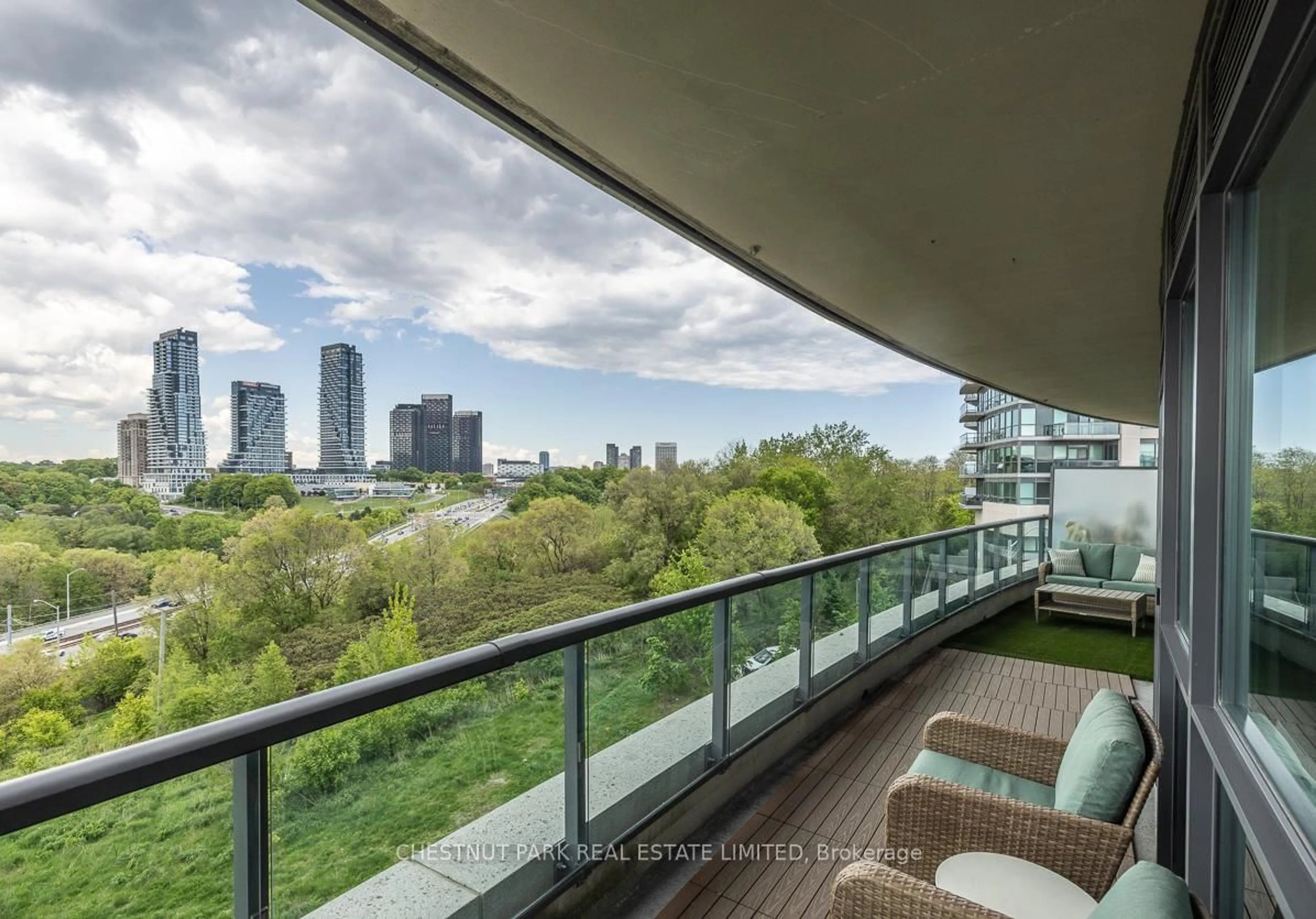 Balcony in the apartment, city buildings view from balcony for 35 Brian Peck Cres #306, Toronto Ontario M4G 0A5