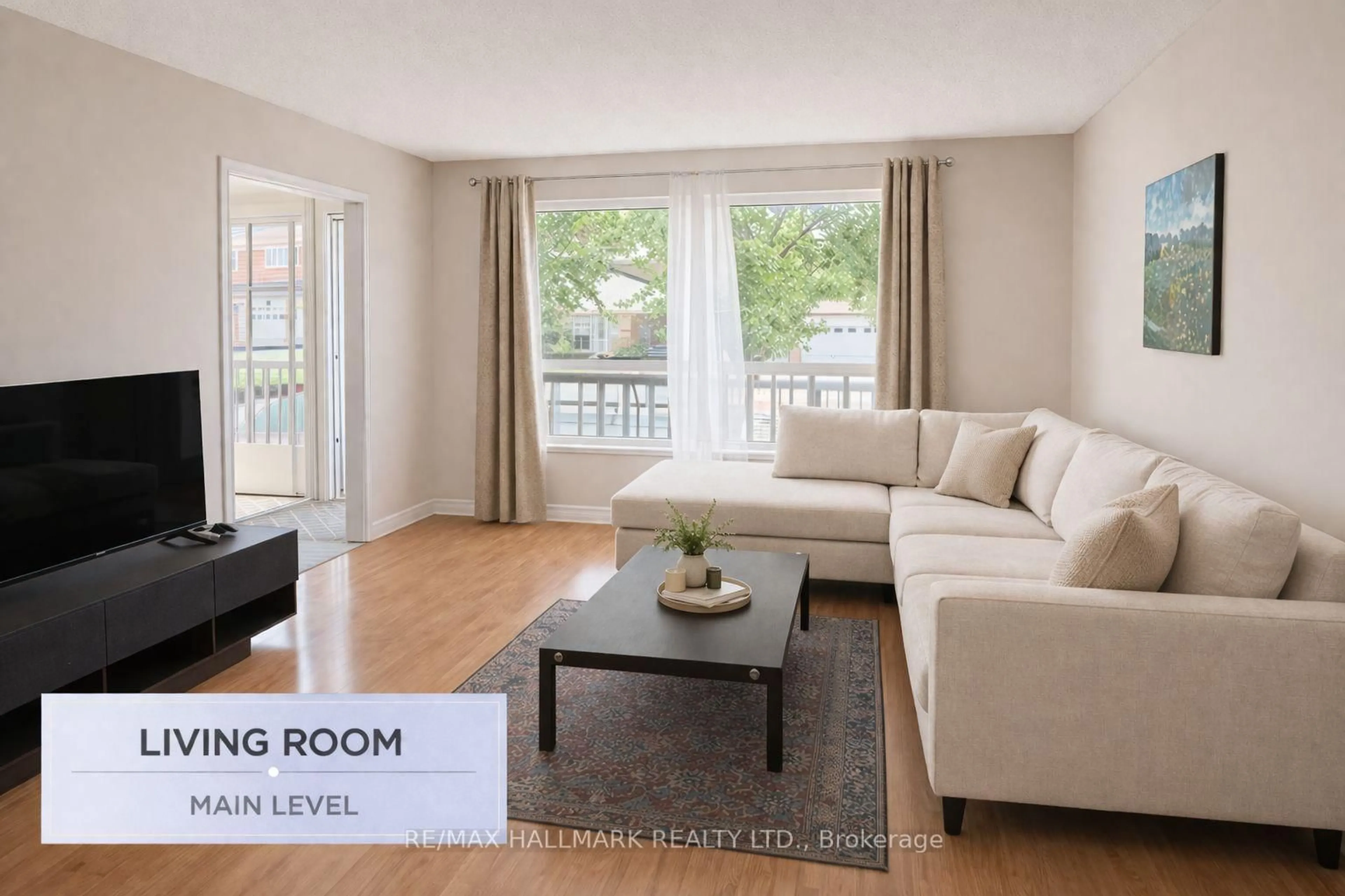 Living room with furniture, wood/laminate floor for 64 Green Bush Rd, Toronto Ontario M2M 1P3