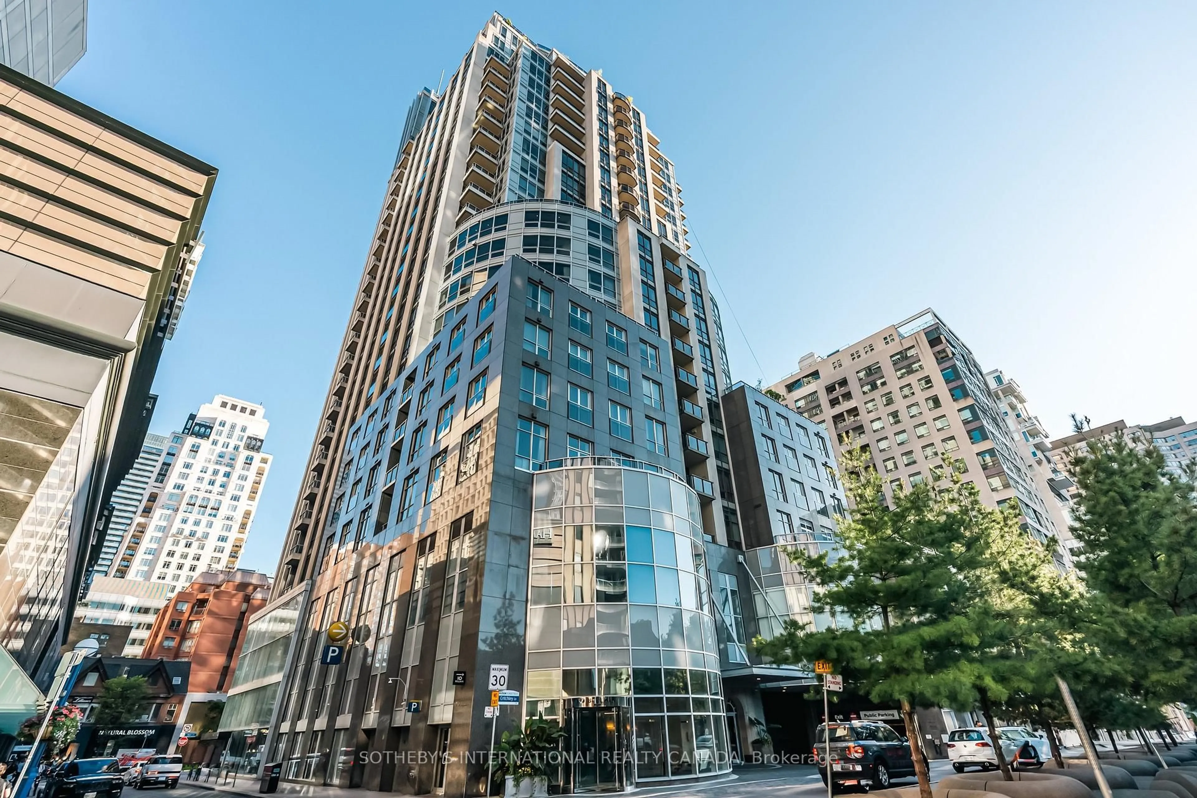Patio, city buildings view from balcony for 10 Bellair St #1807, Toronto Ontario M5R 3T8