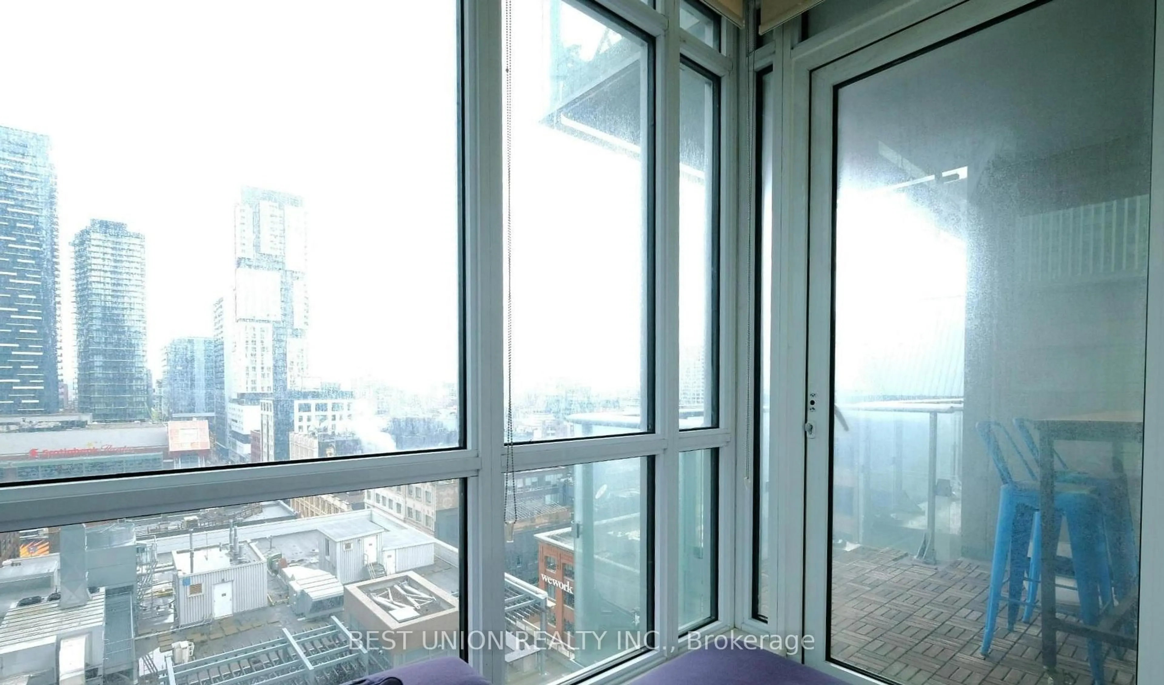 Balcony in the apartment, city buildings view from balcony for 199 Richmond St #1407, Toronto Ontario M5V 0H4