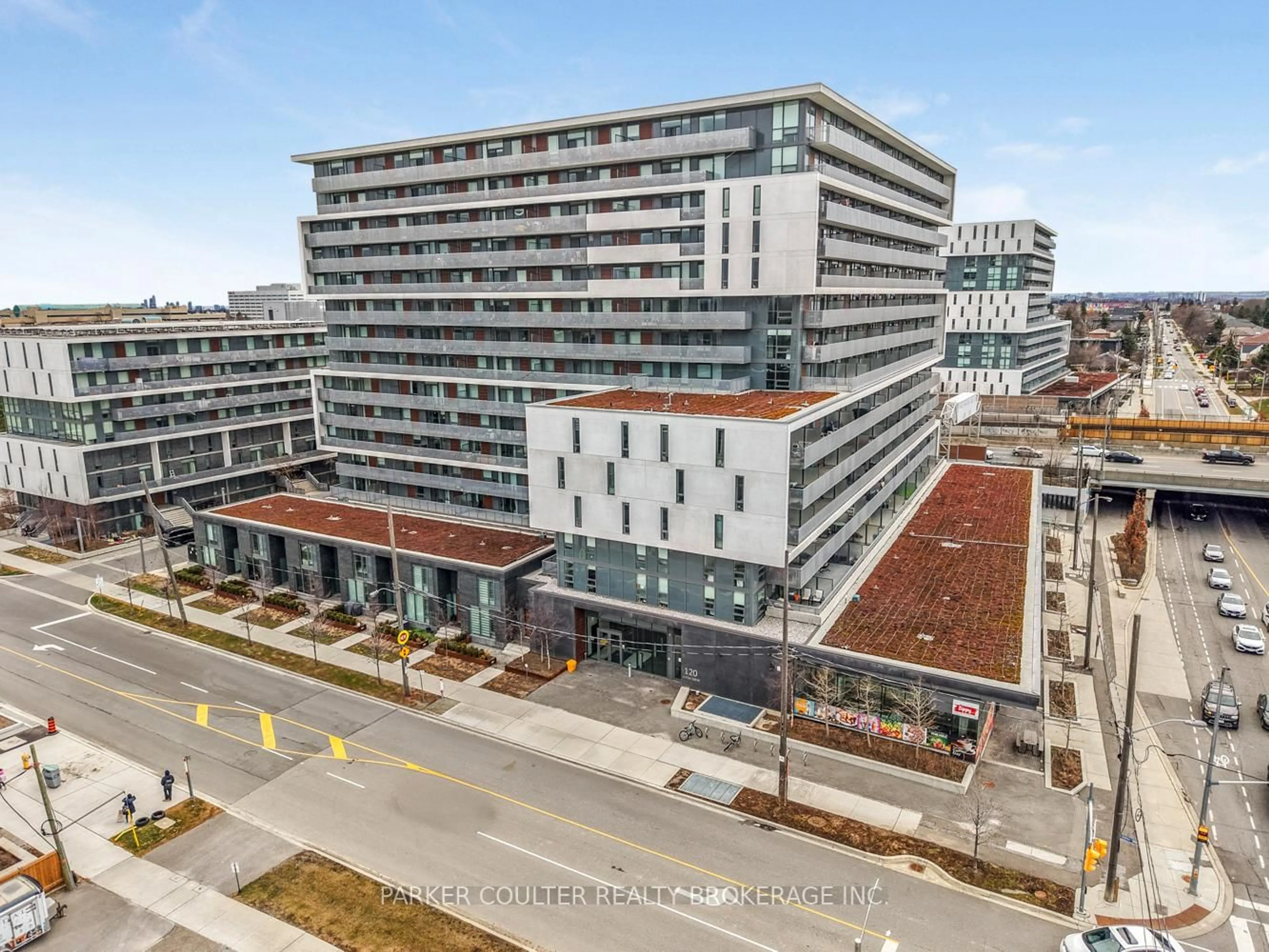 A pic from outside/outdoor area/front of a property/back of a property/a pic from drone, city buildings view from balcony for 120 Varna Dr #606, Toronto Ontario M6A 0B3