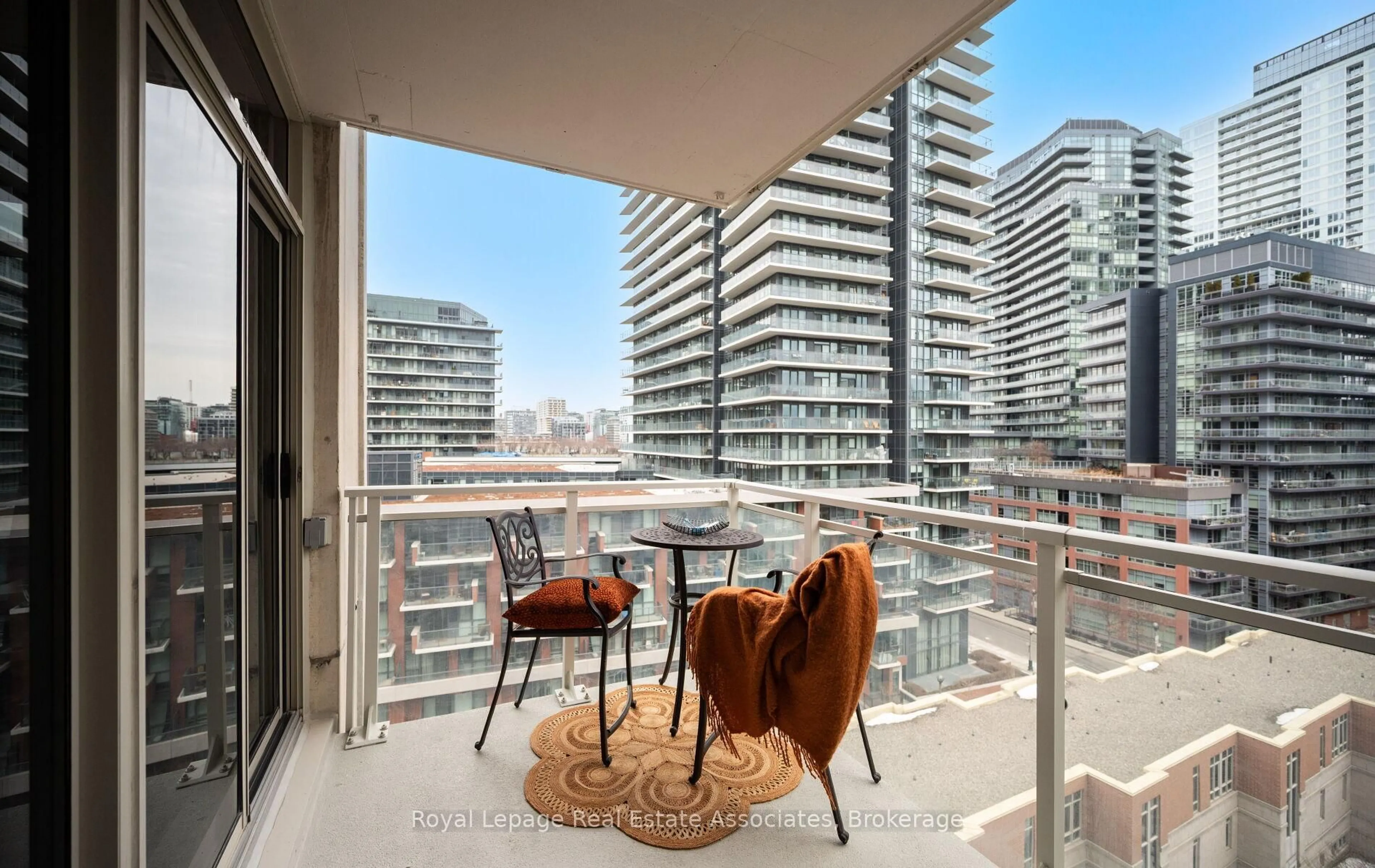 Balcony in the apartment, city buildings view from balcony for 21 Grand Magazine St #908, Toronto Ontario M5V 1B5