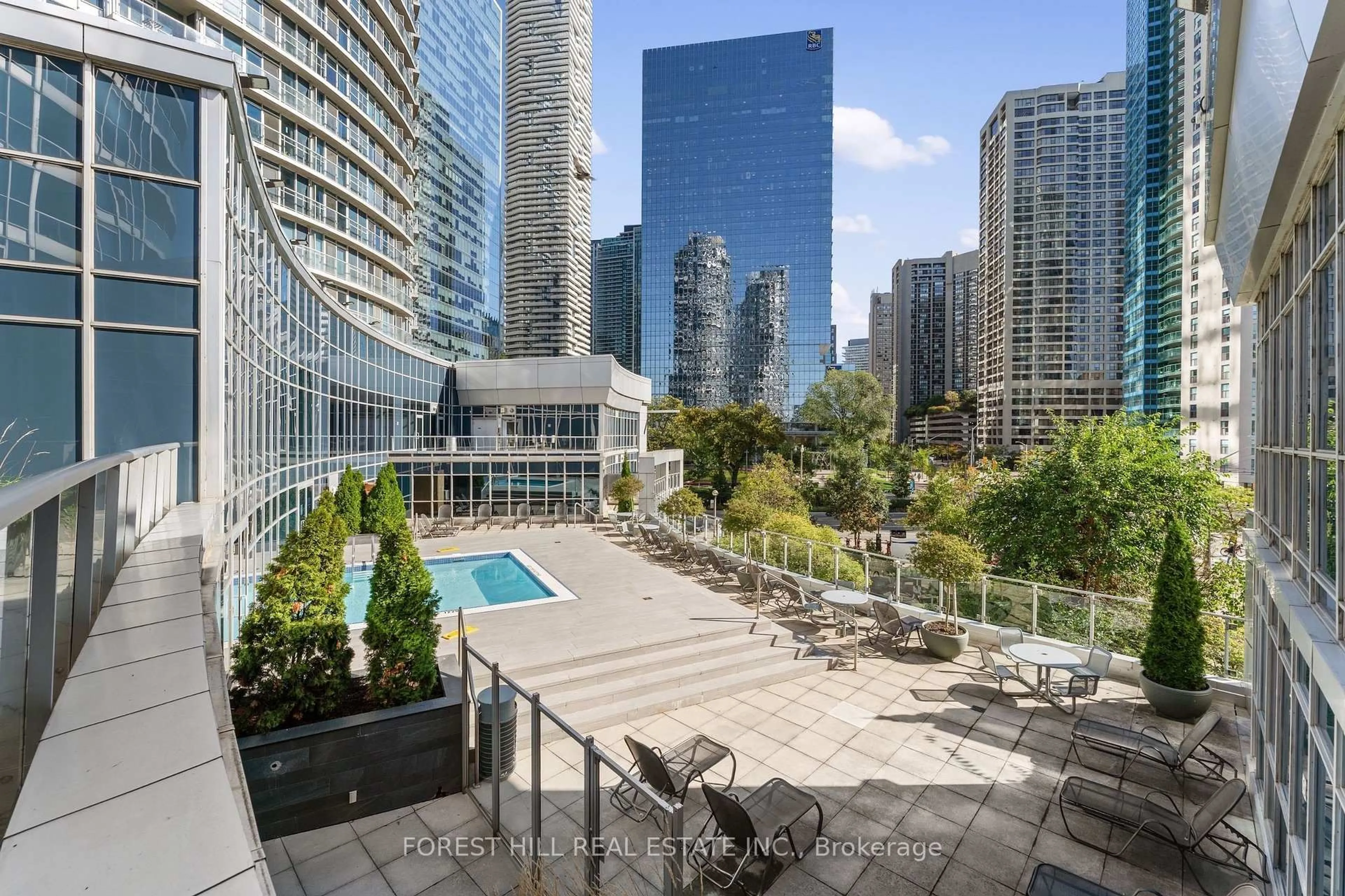 Patio, city buildings view from balcony for 8 York St #911, Toronto Ontario M5J 2Y2