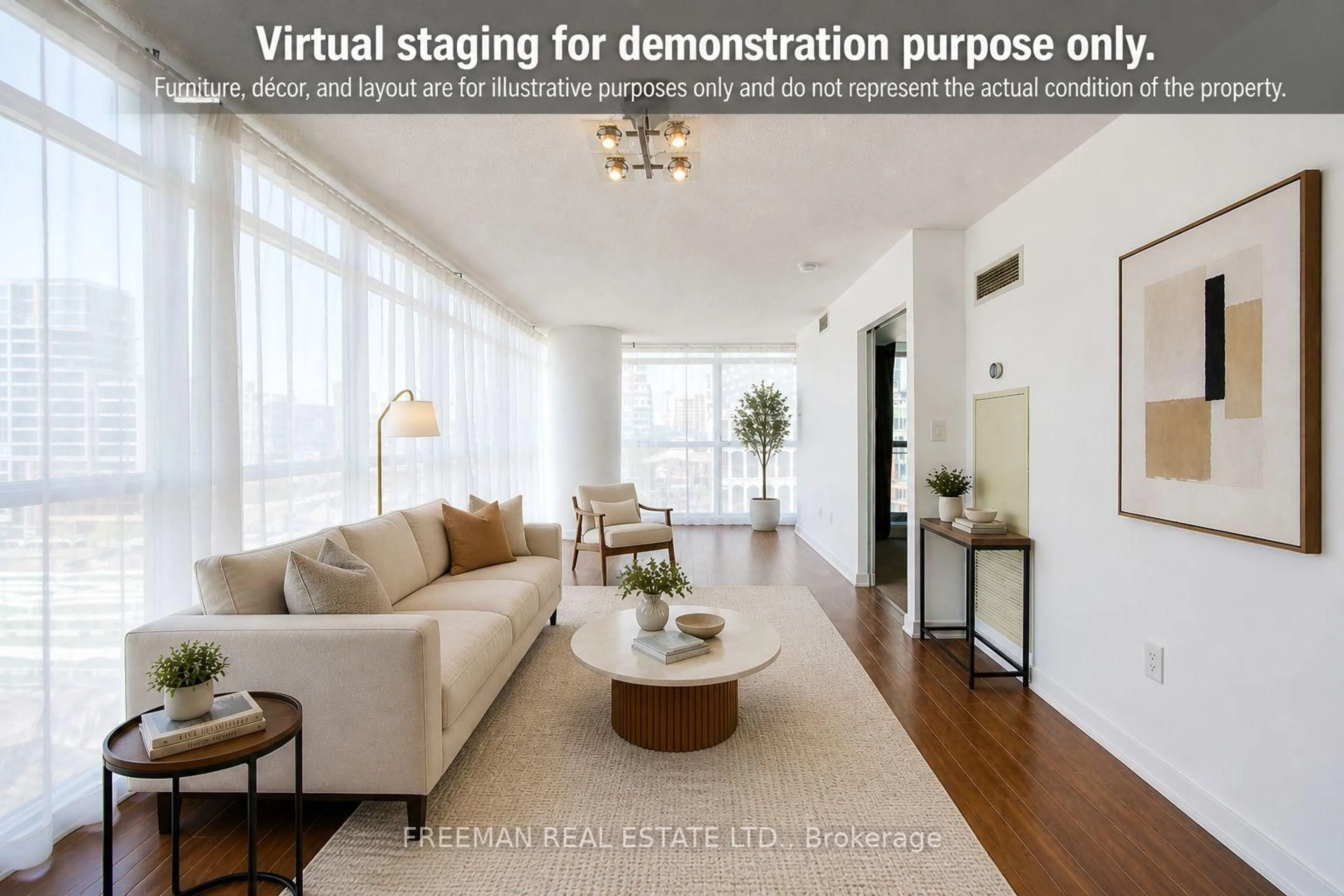 Living room with furniture, wood/laminate floor for 25 Capreol Crt #1007, Toronto Ontario M5V 3Z7