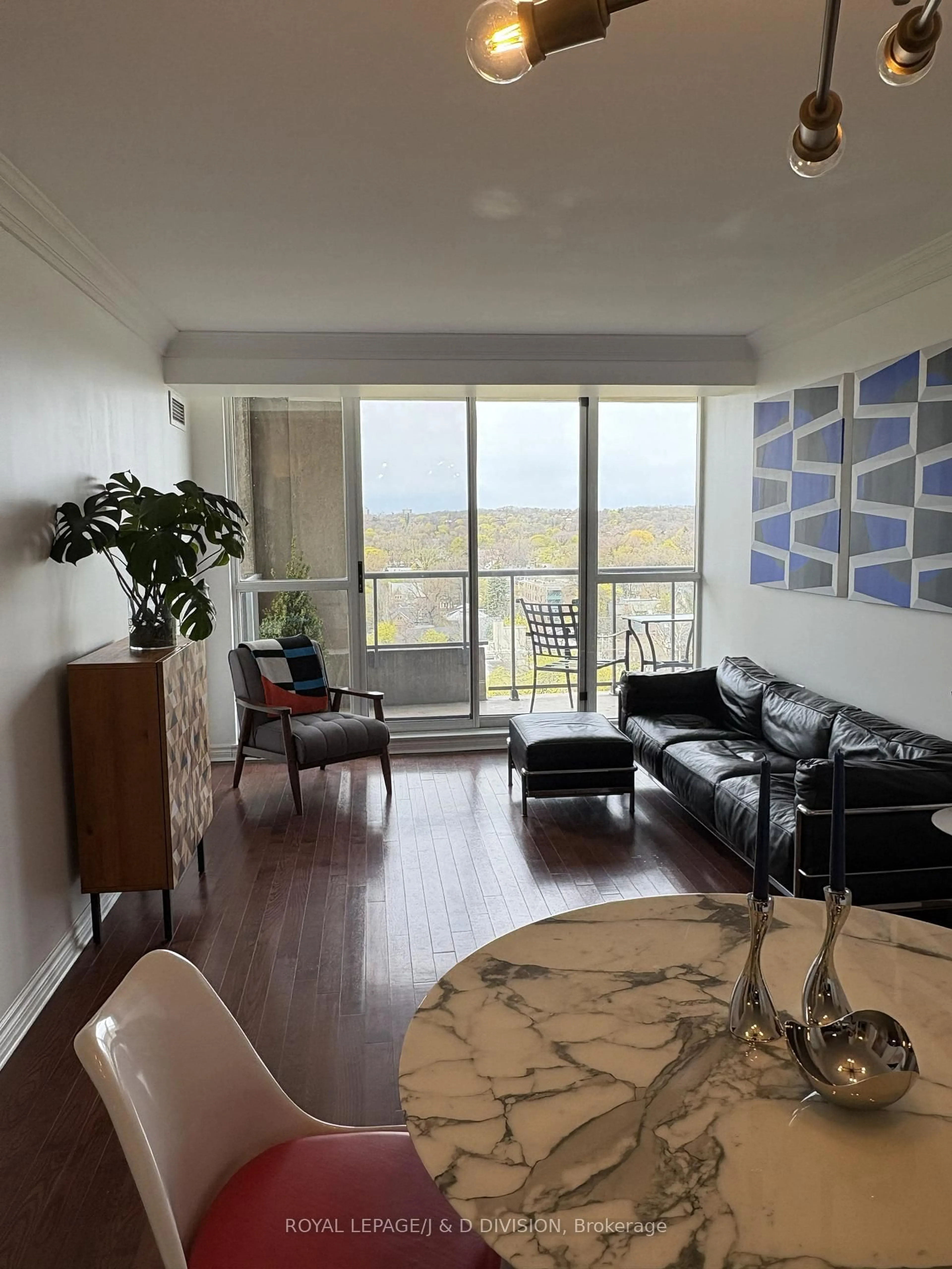 Living room with furniture, wood/laminate floor for 388 Bloor St #1605, Toronto Ontario M4W 3W9