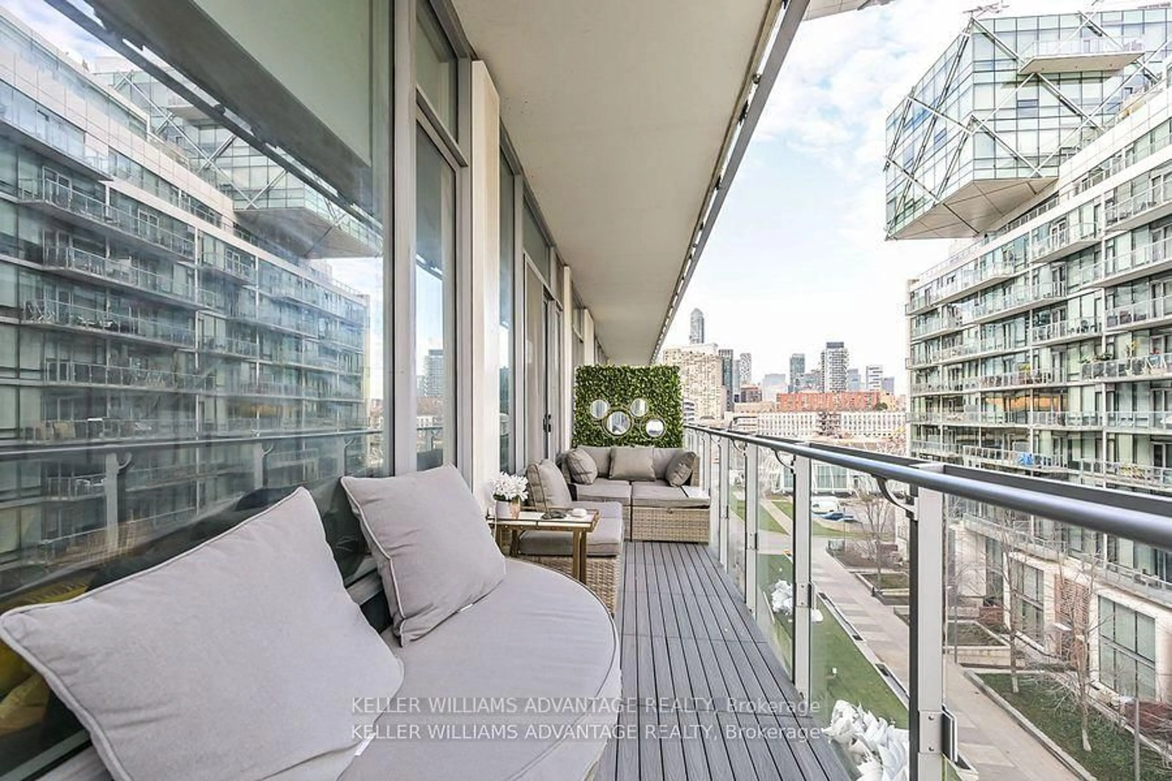 Balcony in the apartment, city buildings view from balcony for 29 Queens Quay #616, Toronto Ontario M5E 0A4