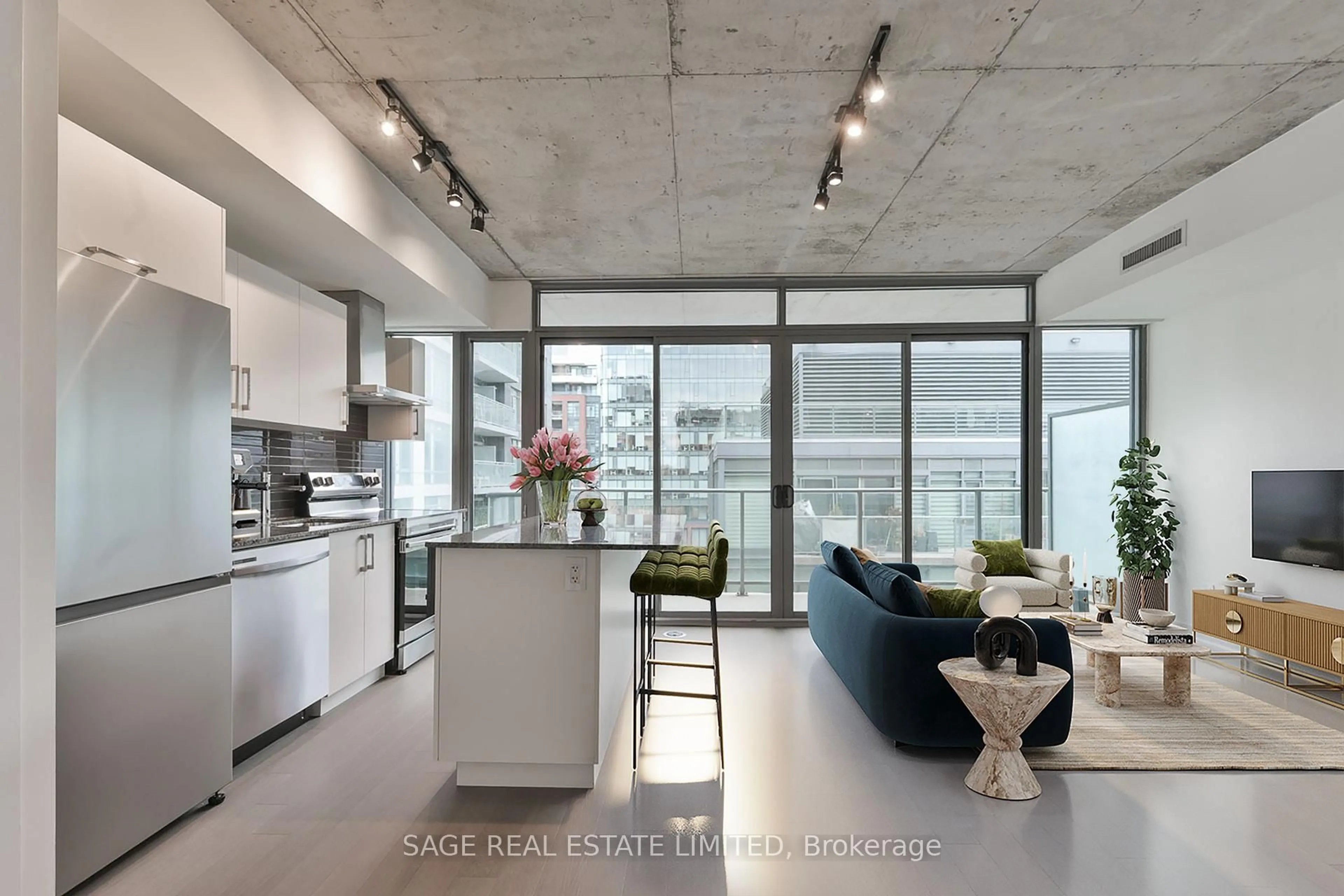 Open concept kitchen, cement floor for 95 Bathurst St #914, Toronto Ontario M5V 0H7