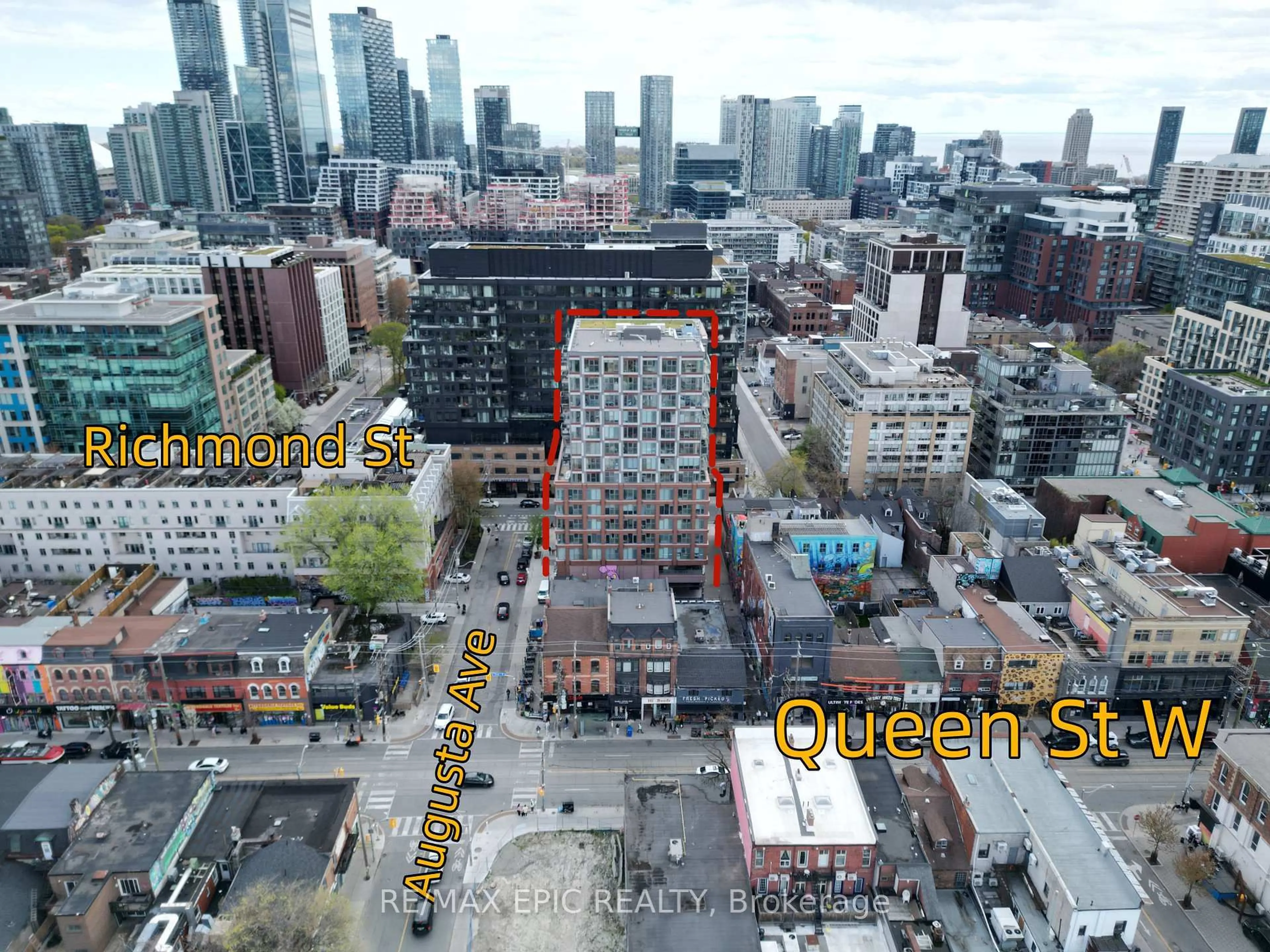 A pic from outside/outdoor area/front of a property/back of a property/a pic from drone, city buildings view from balcony for 2 Augusta Ave #302, Toronto Ontario M5V 0T3