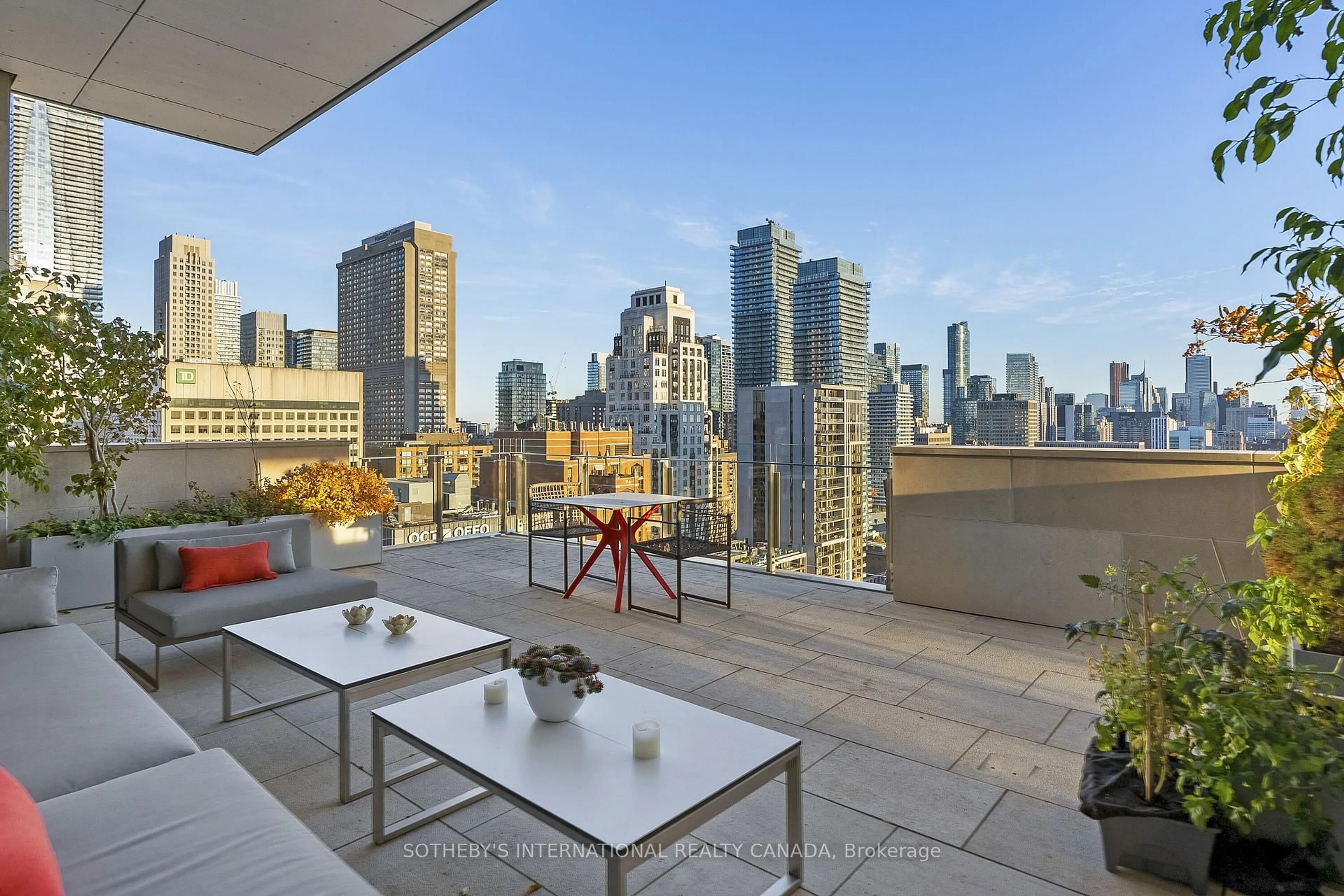 Patio, city buildings view from balcony for 155 Cumberland St #1700, Toronto Ontario M5R 1A2