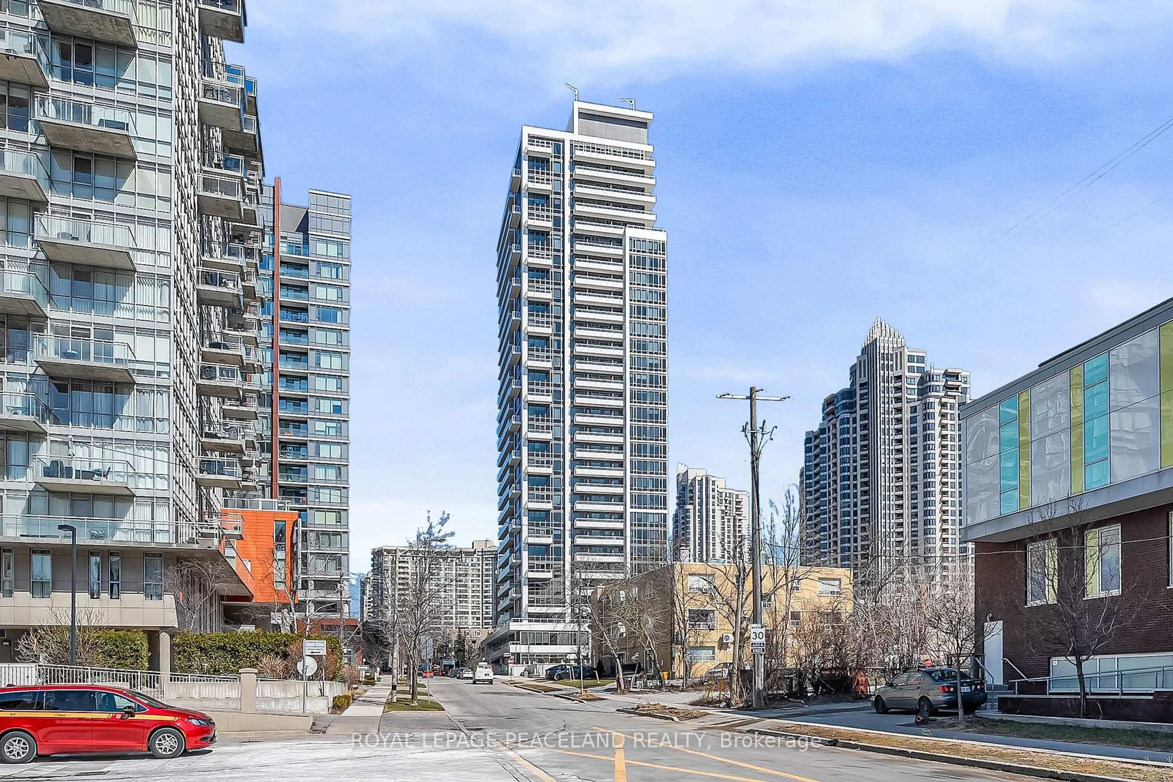 Patio, city buildings view from balcony for 75 Canterbury Pl #1215, Toronto Ontario M2N 0L2