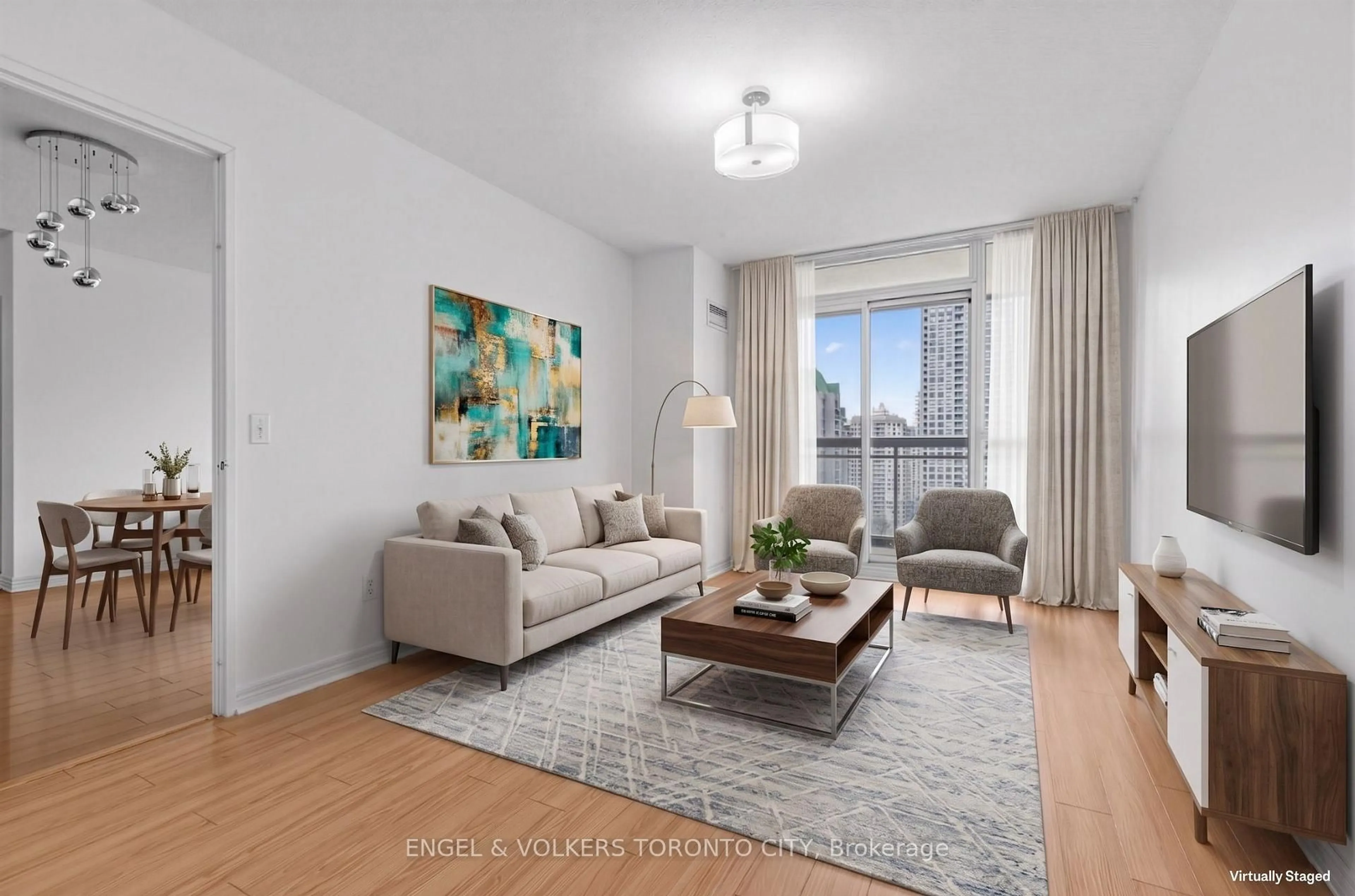 Living room with furniture, wood/laminate floor for 18 Parkview Ave #1907, Toronto Ontario M2N 7H7