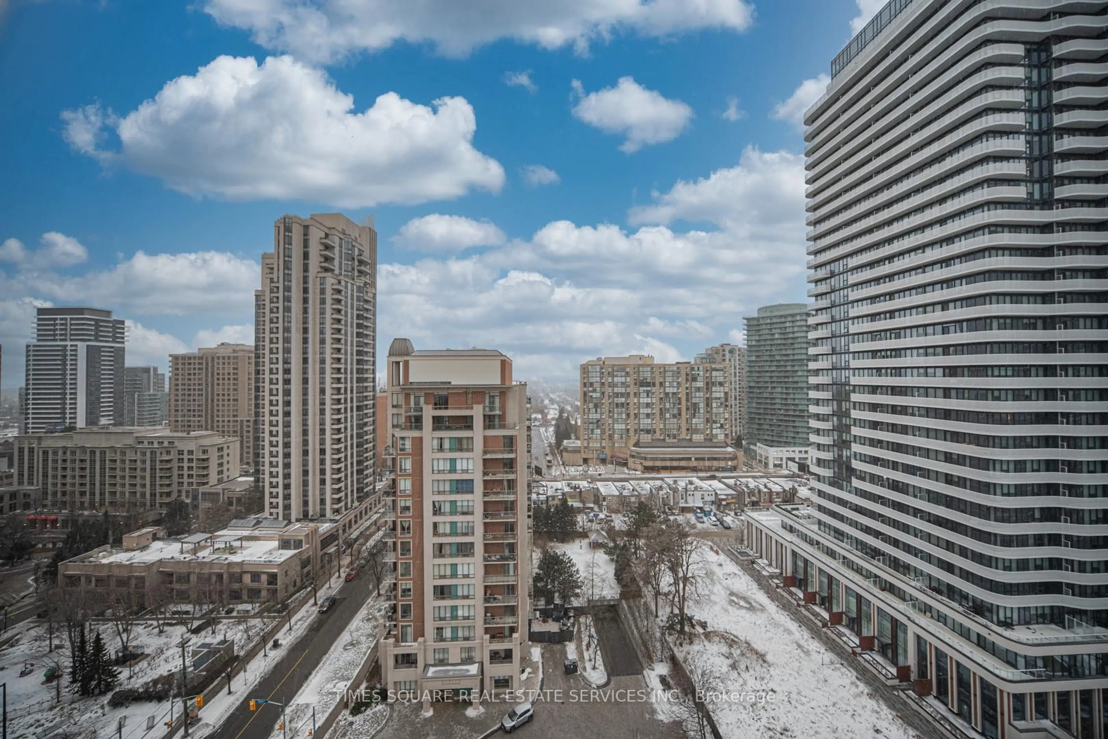 Patio, city buildings view from balcony for 60 Byng Ave #1501, Toronto Ontario M2N 7K3