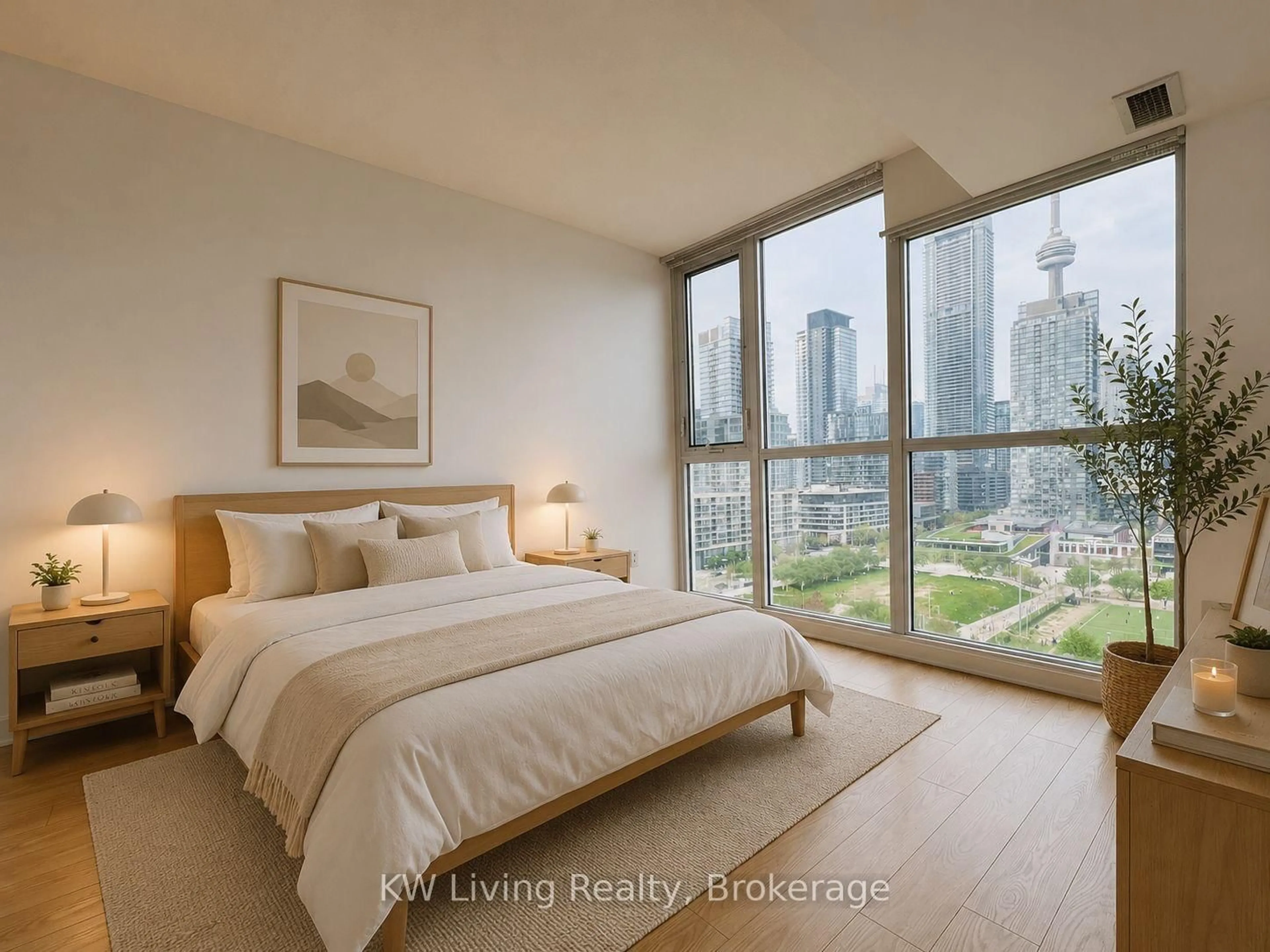 Bedroom with bed, wood/laminate floor for 75 Queens Wharf Rd #1705, Toronto Ontario M5V 0J8