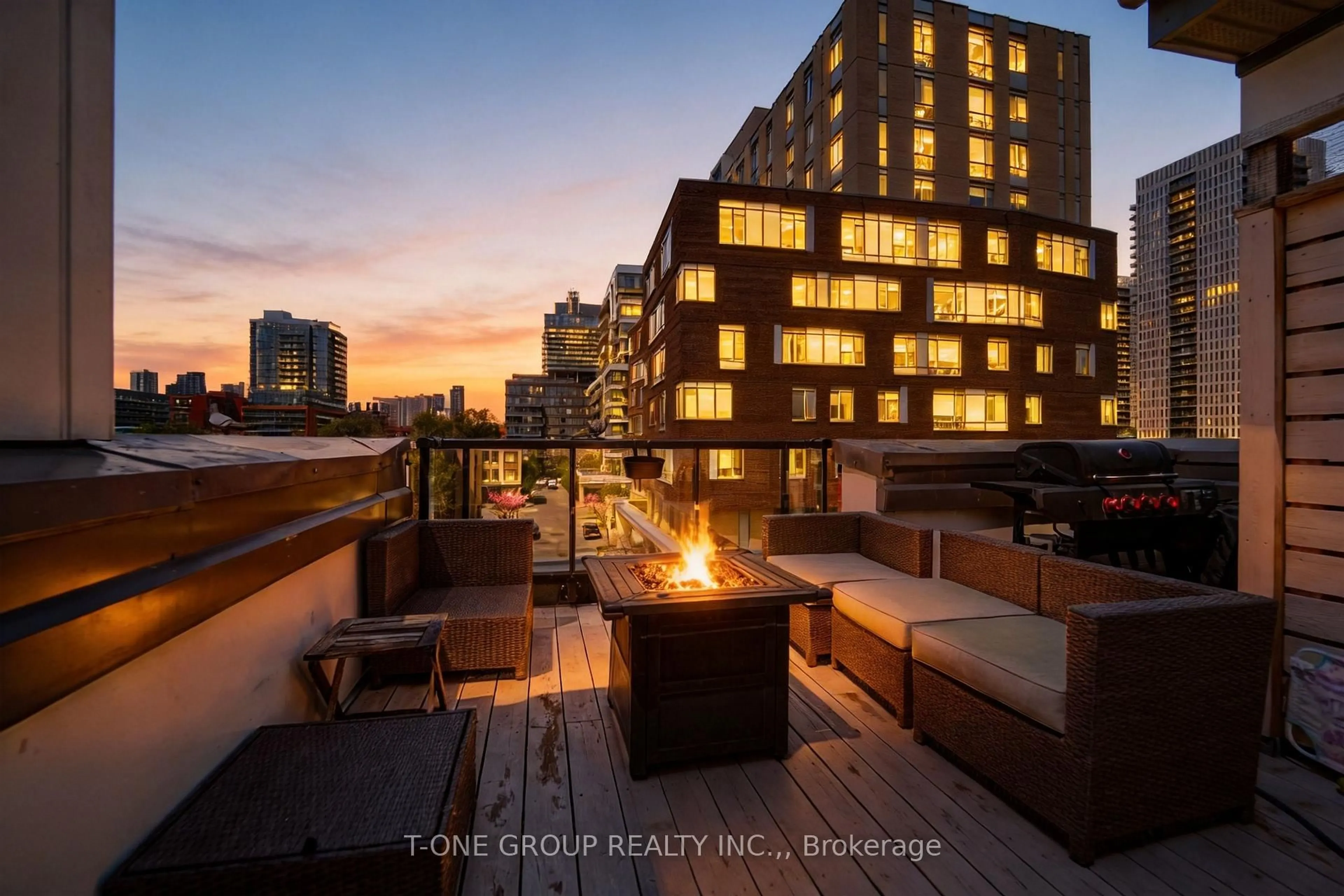 Patio, city buildings view from balcony for 55 Sutton Ave, Toronto Ontario M5A 3V2