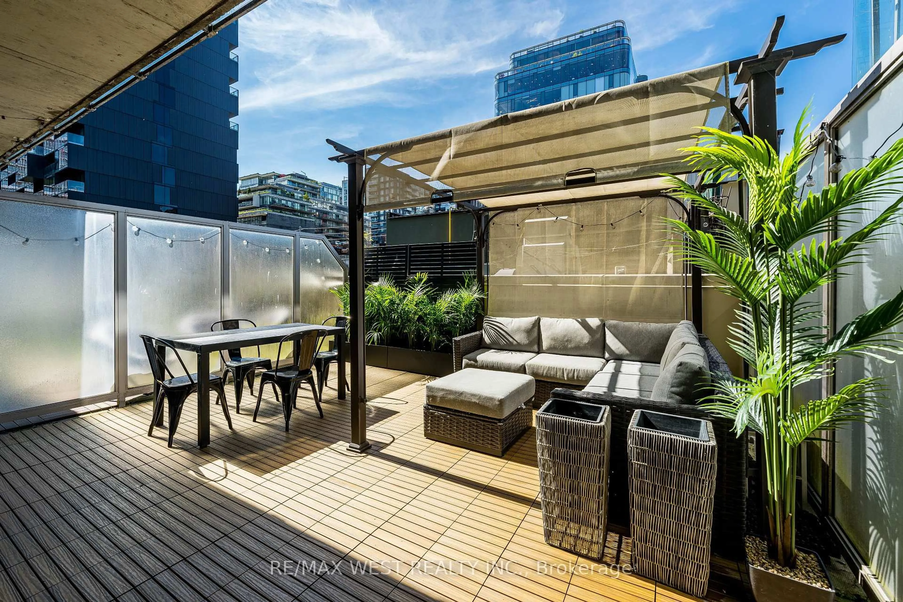 Patio, city buildings view from balcony for 66 Portland St #212, Toronto Ontario M5V 2M6