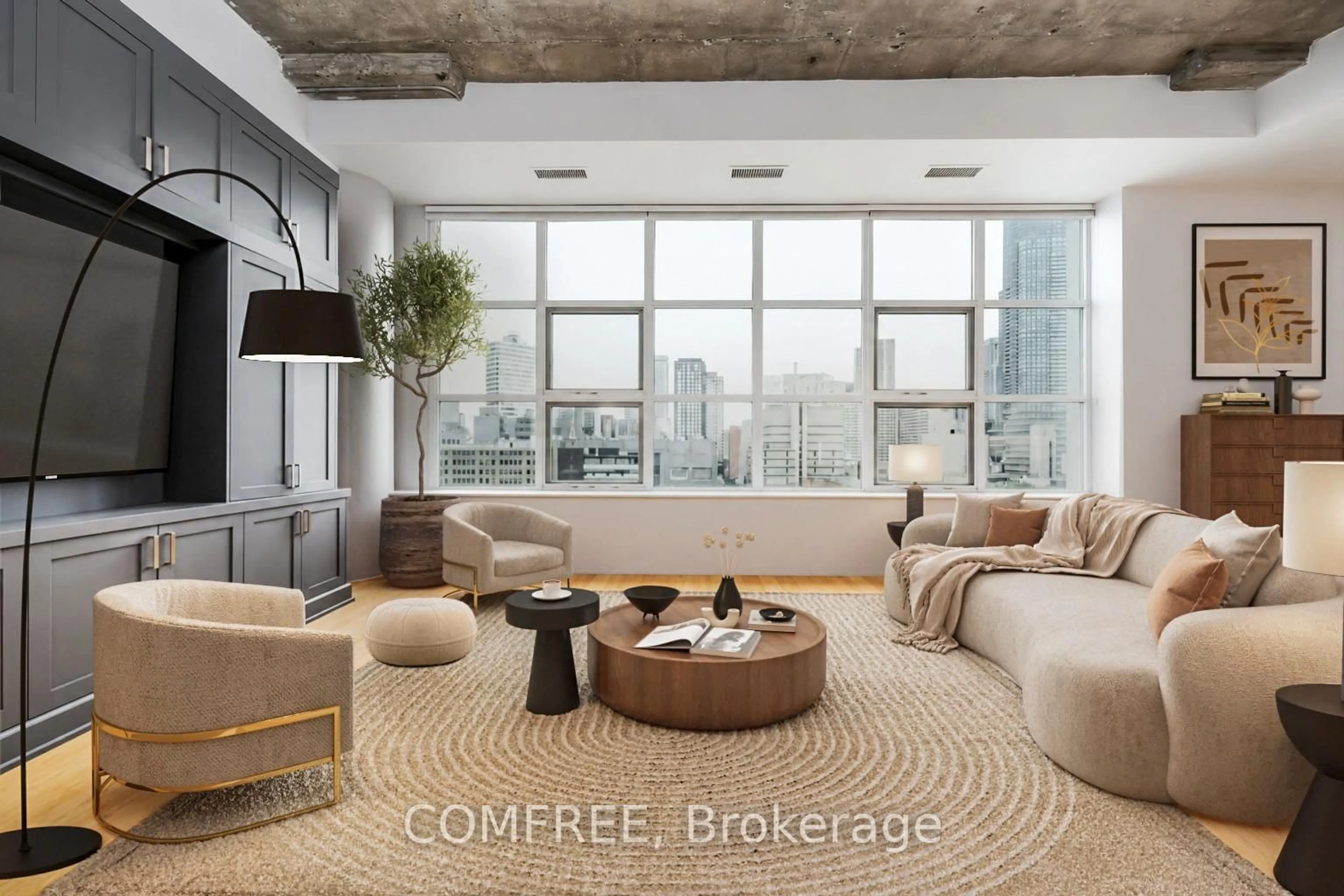 Living room with furniture, cement floor for 155 Dalhousie St #914, Toronto Ontario M5B 2P7