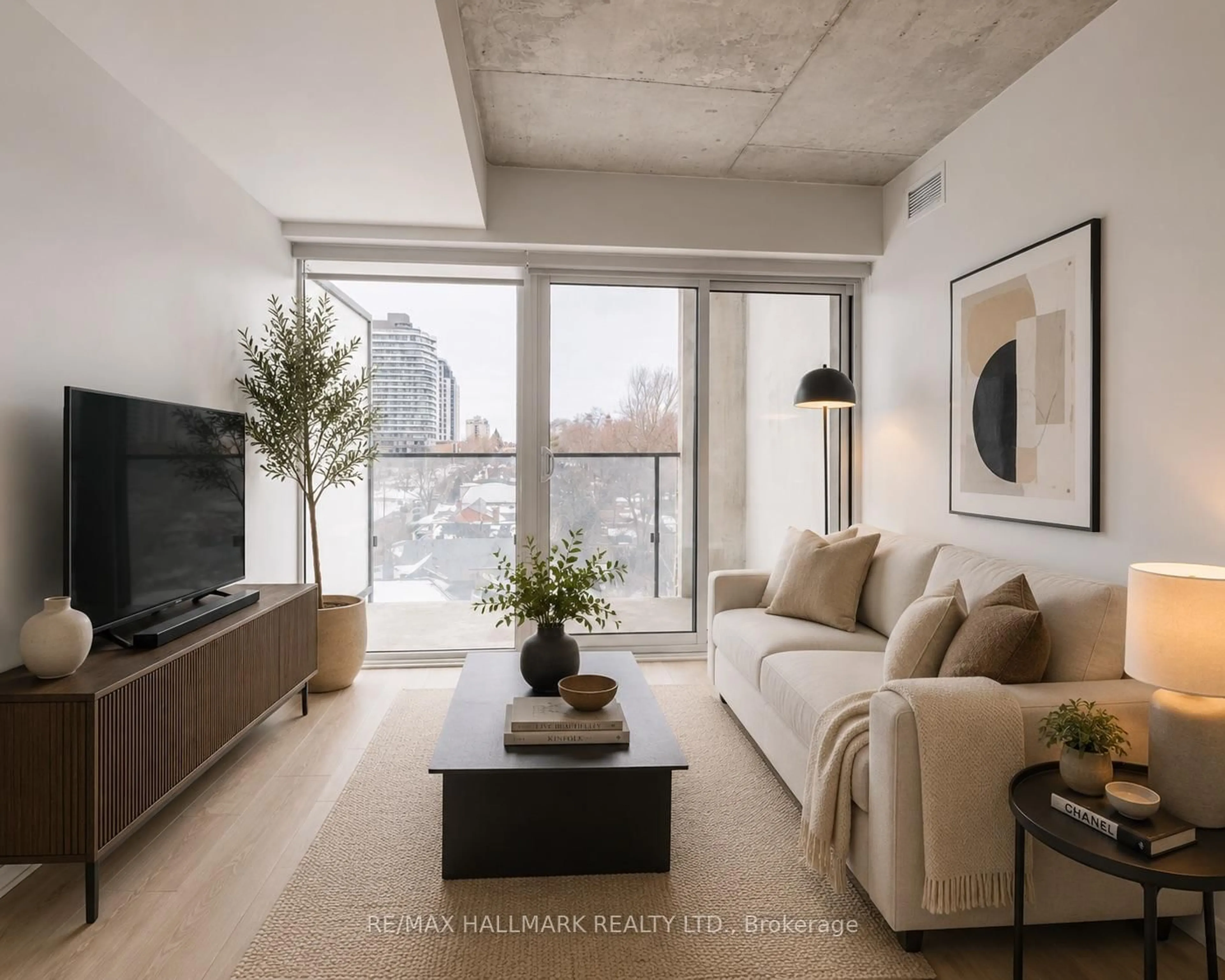 Living room with furniture, cement floor for 5 Soudan Ave #707, Toronto Ontario M4S 0B1