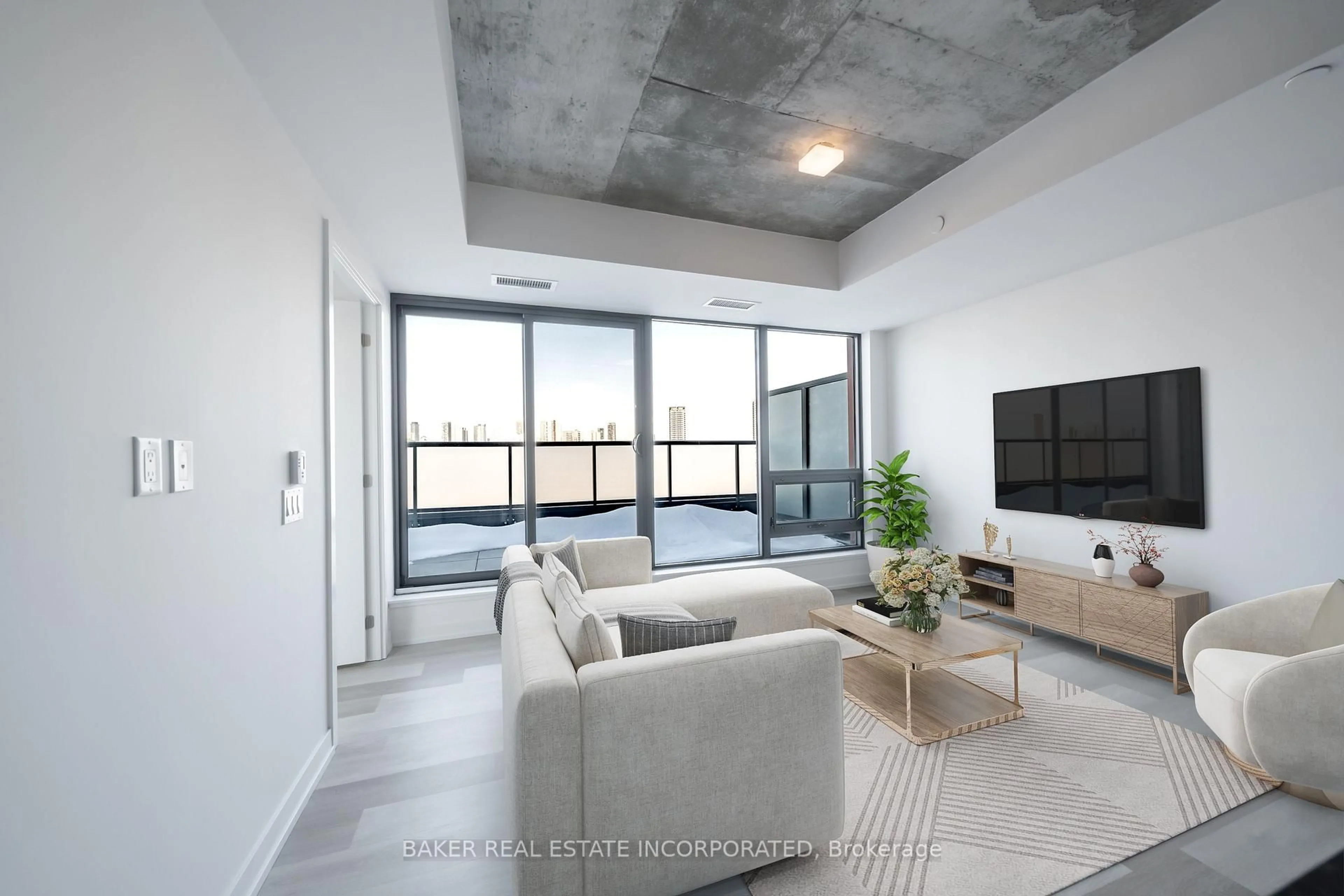 Living room with furniture, cement floor for 28 Eastern Ave #705, Toronto Ontario M5A 0Y2
